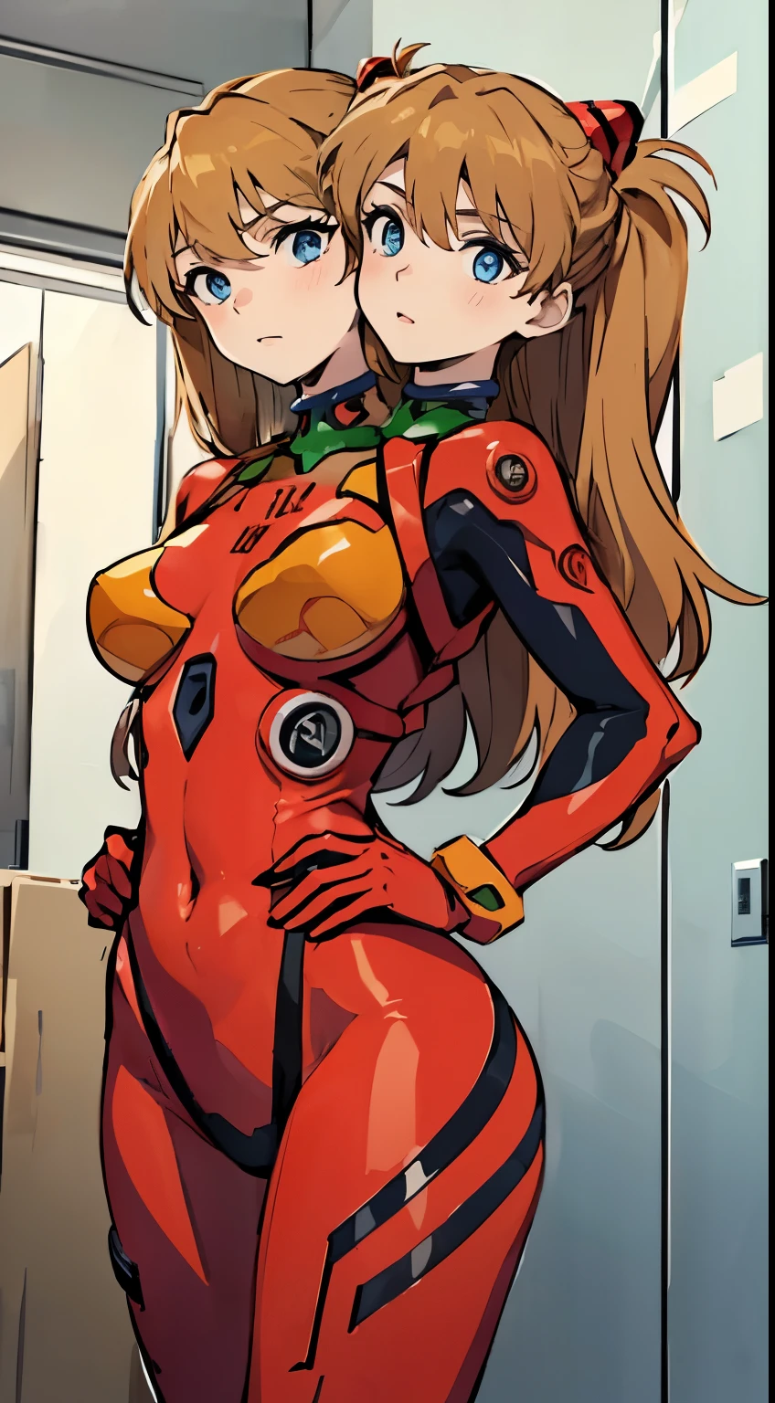 (masterpiece, best quality, (two_heads:1.3), detailed), 1girl, solo, indoors, changing room, cowboy shot,
souryuu asuka langley, interface headset, red bodysuit