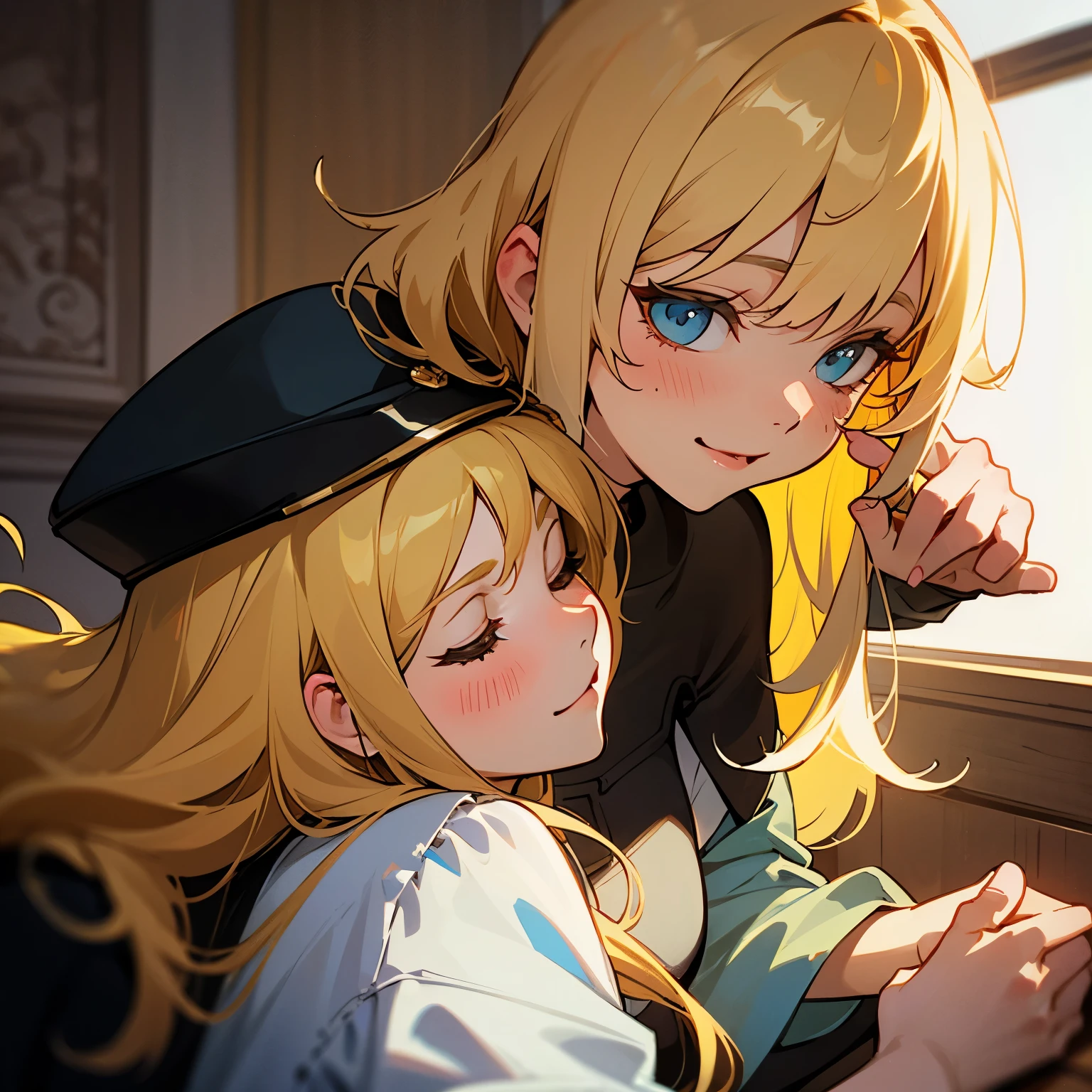 best quality, ultra precision, only two person, one boy and one girl, (a boy is Kagamine_Len), (a girl is Kagamine_Rin), green eyes, cute, short hair, head phone, blond hair, sailor uniform, black short pants, belt, yellow necktie, smile, elementary school student, older sister and younger brother, twins, love each other, children, (boy is as tall as girl), kids, characters focus, couple, love each other, on bed, bedroom, night, look at each other, (hug), smile, lying on bed, platonic love