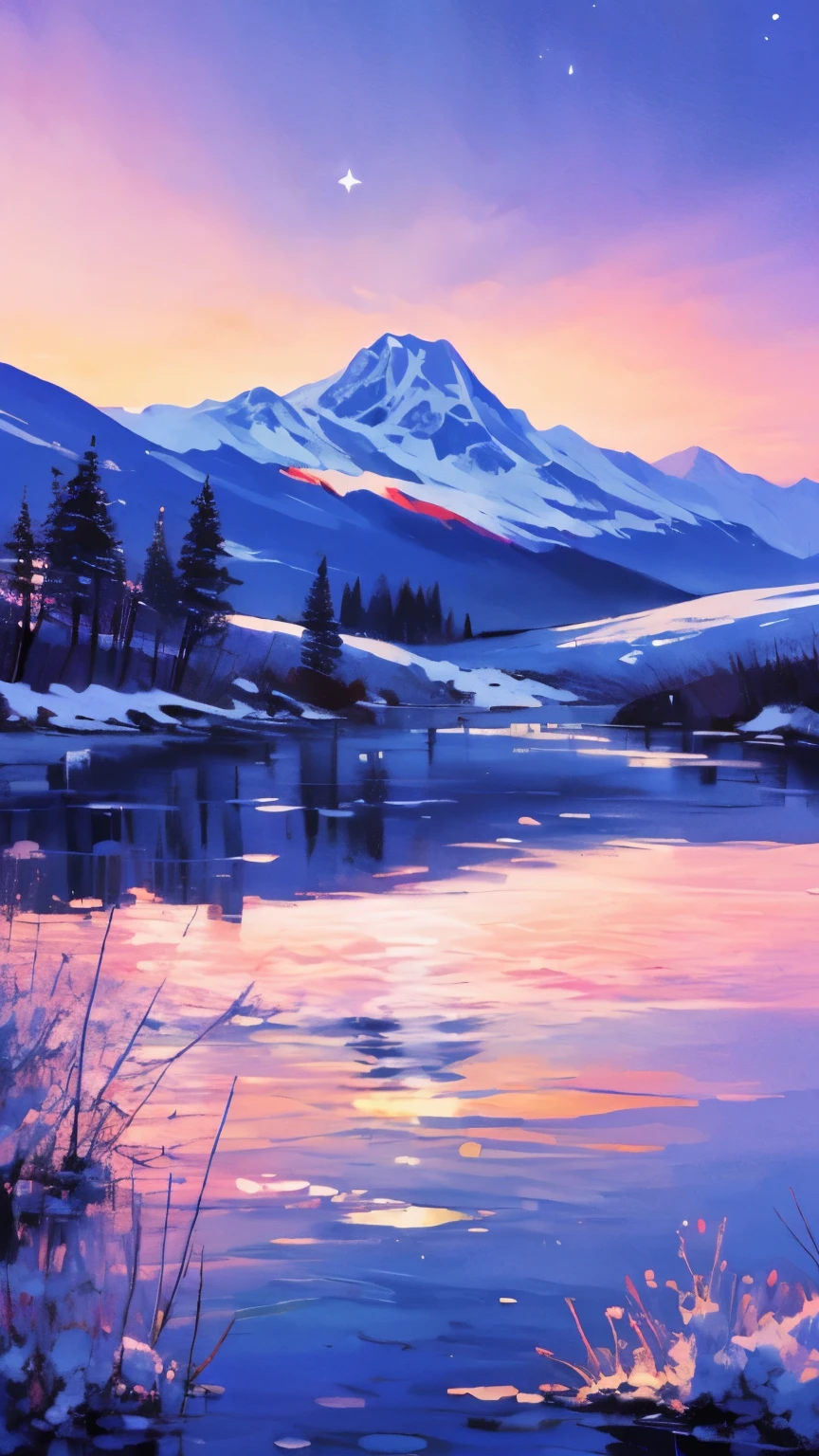 Large snowy mountain, lake at the base of the mountain, beautiful purple and blue night sky