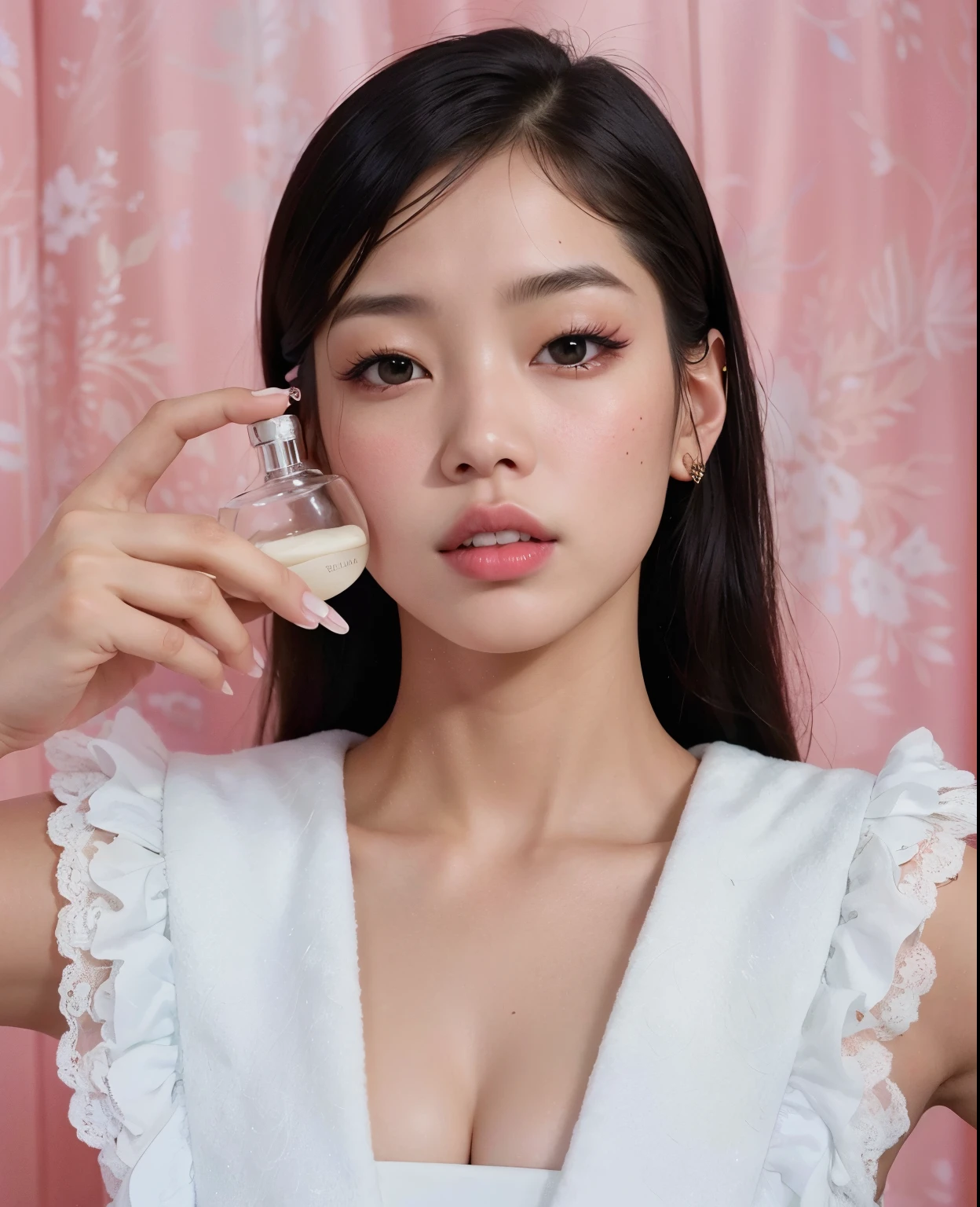 uma mulher segurando um frasco de perfume na frente do rosto, jennie blackpink, Lalisa Manobal, perfume, parque roseanne de blackpink, jossi do blackpink, maquiagem sul-coreana popular, Lalisa Manoban do Blackpink, carregando um frasco de perfume, gongbi, maquiagem coreana popular, Jinyoung Shin, Kiko Mizuhara, Sha Xi, Lulu Chen