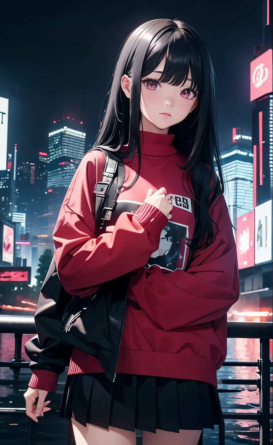 (8k, best quality, masterpiece),18 year old girl，Bangs，long black hair，wavy_hairs，Black Sweater，skirt，pink eyes，sigh，cry，
future world，cyberpunk，