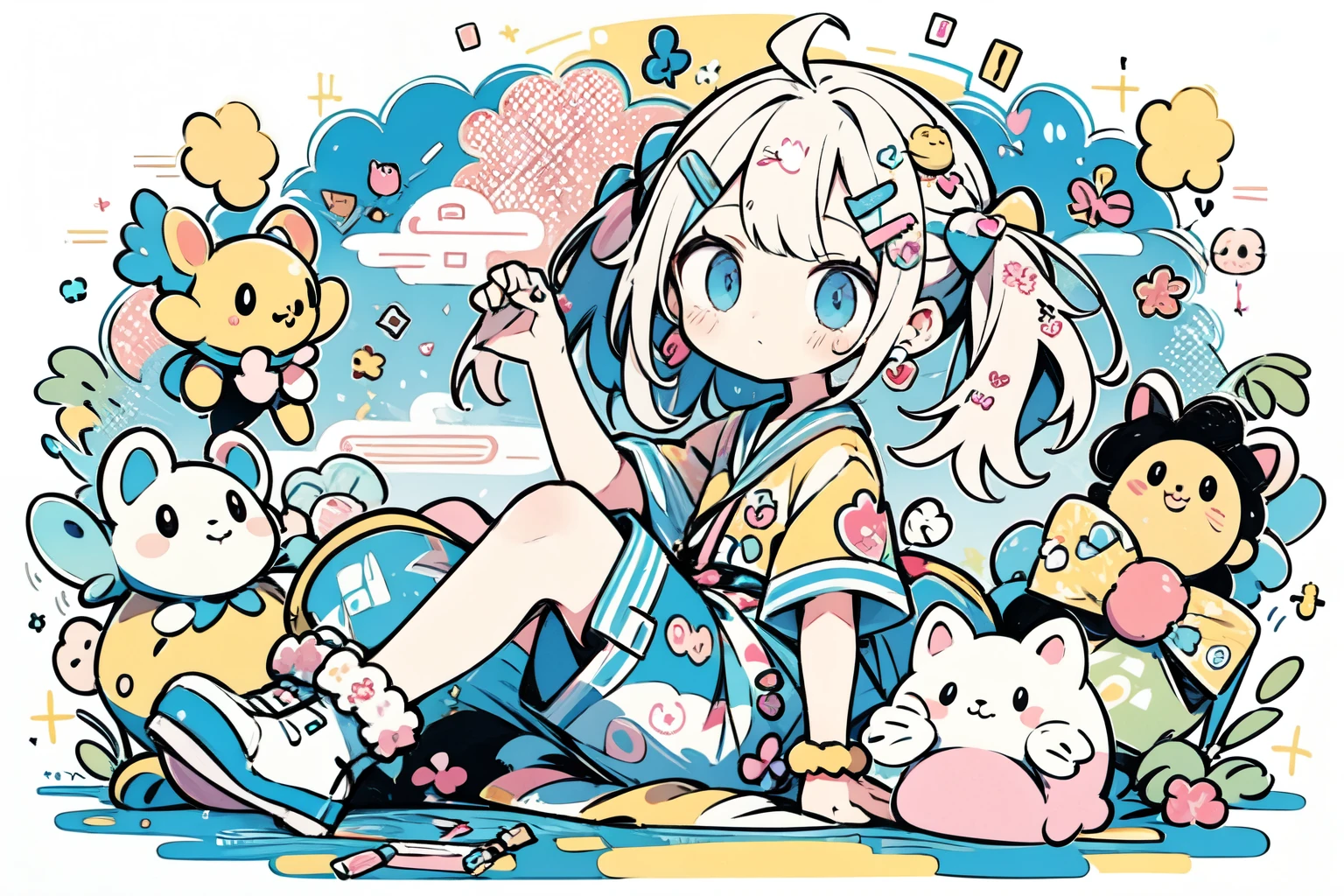 "kawaii, Cute, ((full body Esbian、Float on your side)), Adorable girl in pink, yellow, and baby blue color scheme. She wears sky-themed clothing with clouds and sky motifs. Her outfit is fluffy and soft, With decora accessories like hair clips. She embodies a vibrant and trendy Harajuku fashion style."[[[The body peels in a strange direction]]]