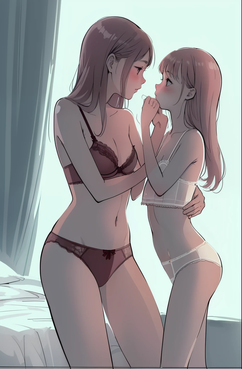 (superflat, flat shading, flat colors:1.1), masterpiece, best quality, (bedroom), mother and daughter, loli, petite, bra, panties, shy, blush, hugging, in bedroom, backlit, bright, white, best shadows, watercolor,
