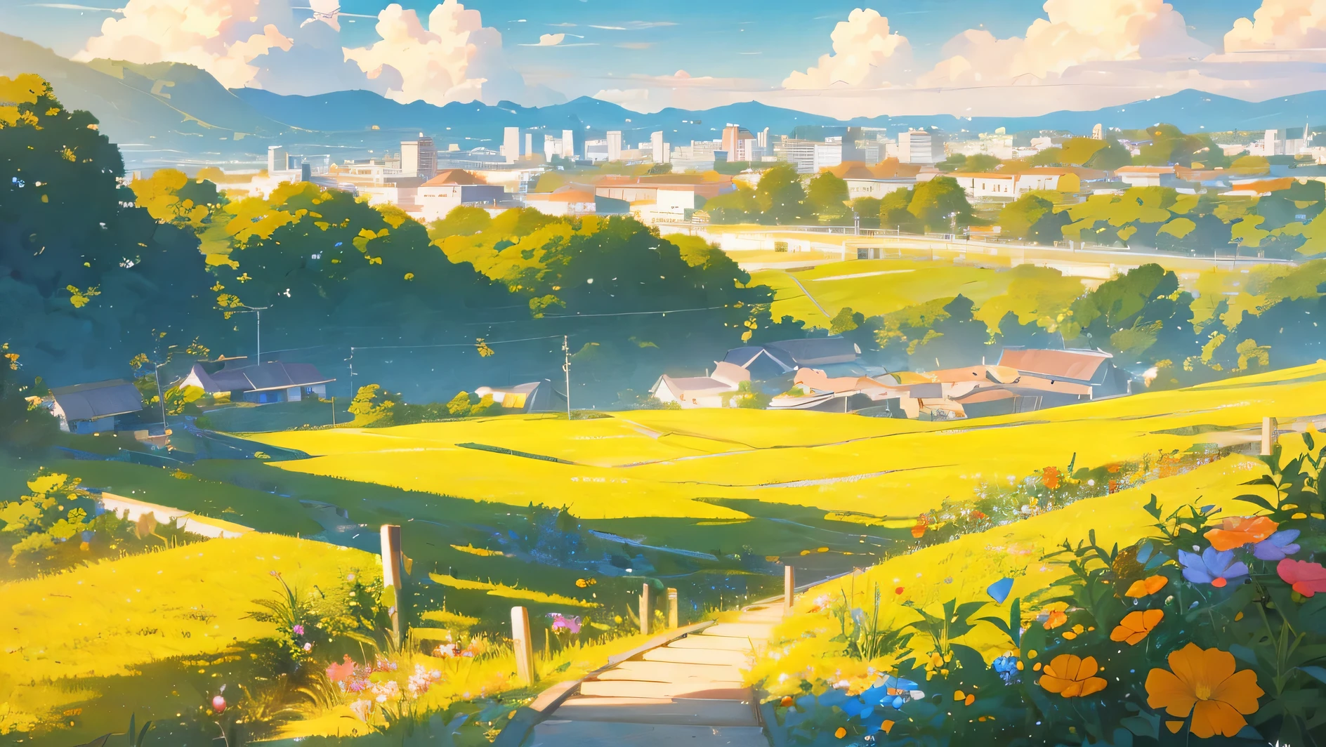 illustration of a beach with flowers and a cliff in the background, beautiful wallpaper, sky and clouds orange and yellow flowers sea everywhere small city 10 am