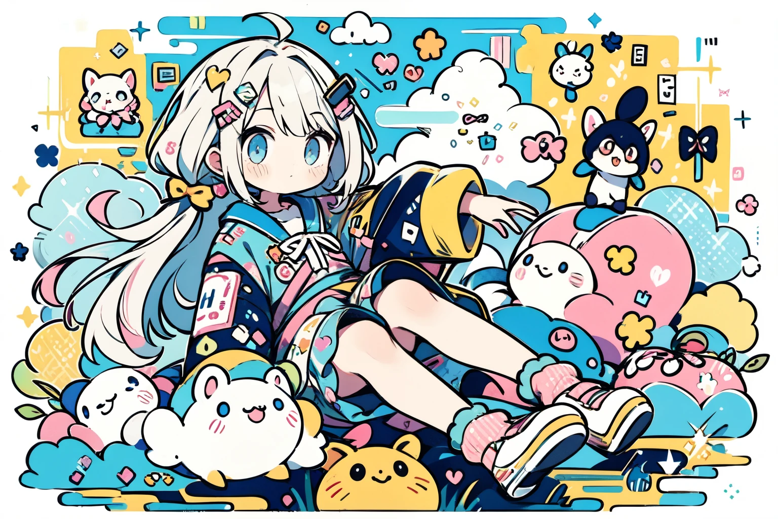 "kawaii, Cute, ((full body Esbian、Float on your side)), Adorable girl in pink, yellow, and baby blue color scheme. She wears sky-themed clothing with clouds and sky motifs. Her outfit is fluffy and soft, With decora accessories like hair clips. She embodies a vibrant and trendy Harajuku fashion style."[[[The body peels in a strange direction]]]