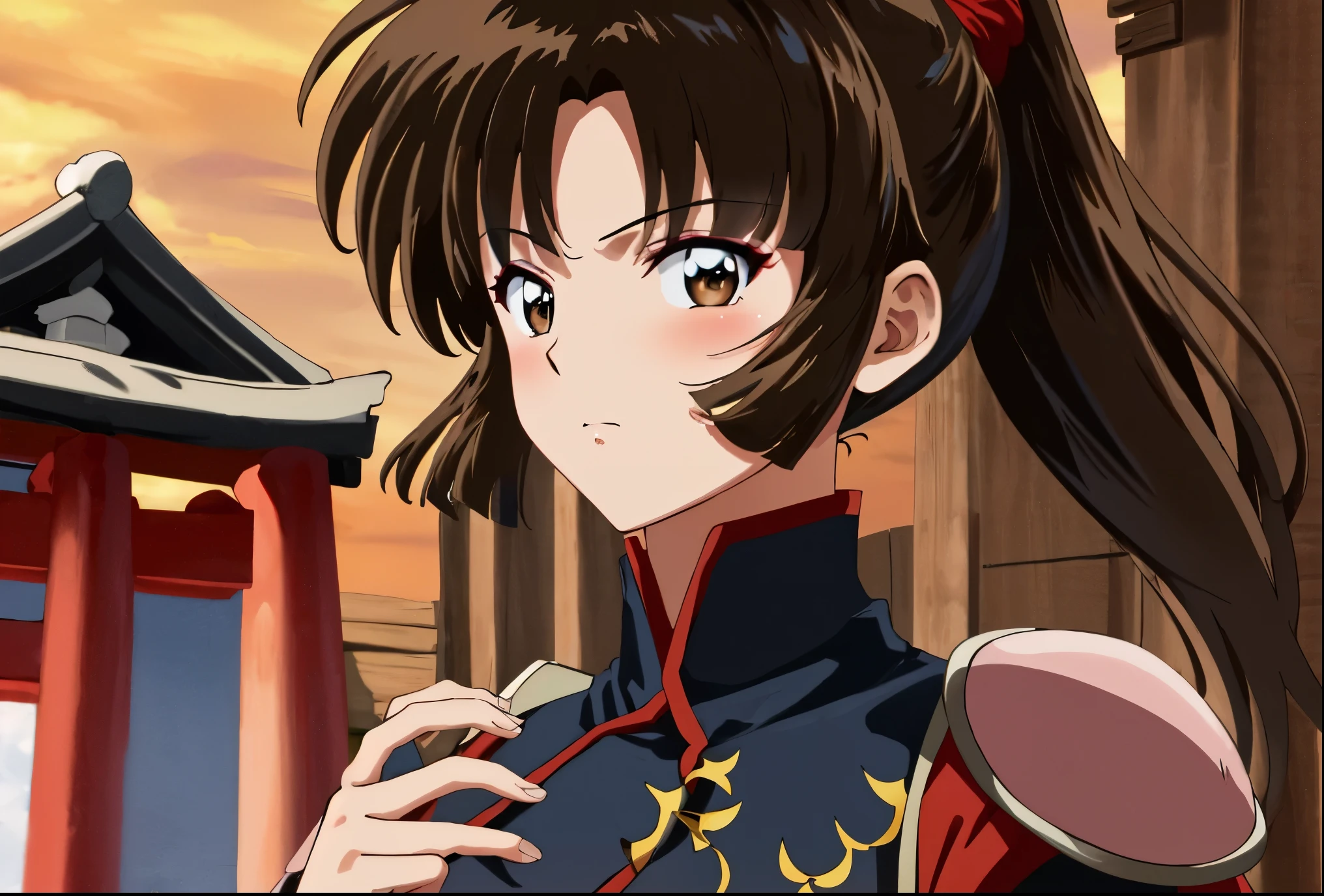 masterpiece, best quality, portrait,sango, KizukiAi, brown hair, brown eyes, high ponytail, long hair, medium breasts, bodysuit, pauldrons, armor, (looking at viewer:1.3) ((Anime Screenshot, 2000s anime)), eyeshadow, night, adjusting_hair, anime_coloring, close-up, closed_mouth, hand_in_own_hair, (((Japanese village background:1.2)))