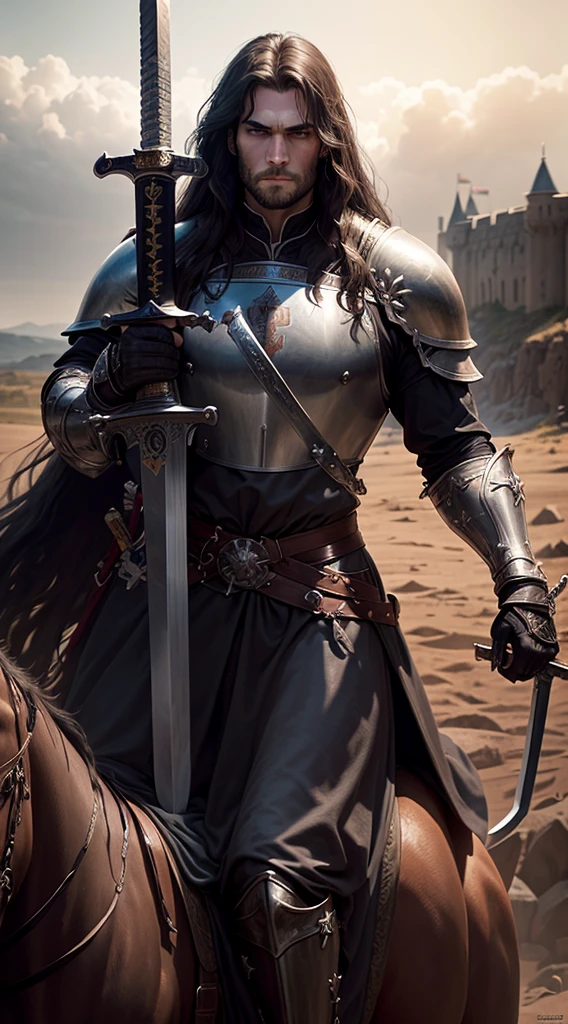 Henry Cavill, as a medieval Templar knight, long hair, robust, grim expression, clad in leather armour, ((large sword in hand:1.3)), riding a horse, on a battlefield, corpses and soldiers in background, castle visible at a distance, dusklight, Templar flag fluttering in the horizon, full body, distant view