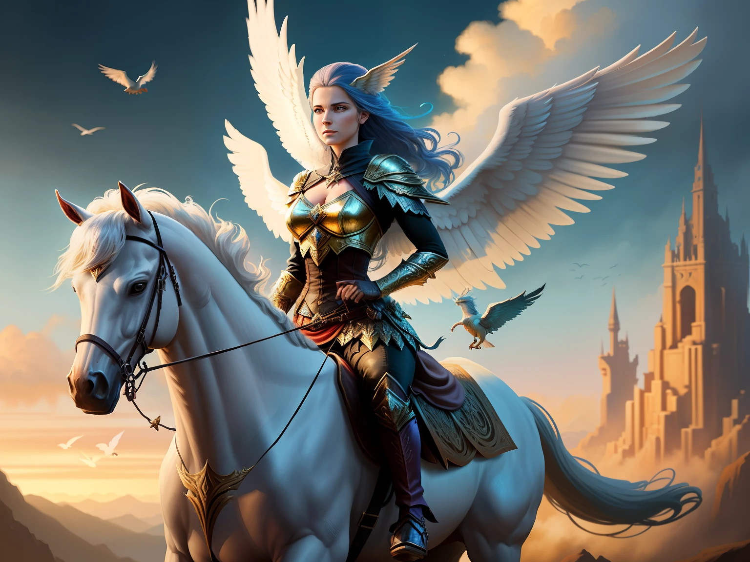 there is a woman riding a horse with a bird flying above, fantasia arte behance, woman riding a flying unicorn, garota anjo cavaleiro, artgerm julie bell beeple, arte de fantasia detalhada, epic fantasy digital art style, epic fantasy art style hd, arte de fantasia de alta qualidade, mystical valkyrie, arte de jogo de cartas de fantasia, as a mystical valkyrie