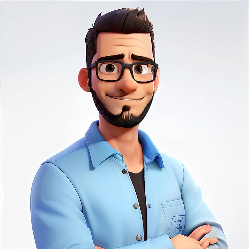 there is a man with glasses and a jacket on posing for a picture, foto de perfil headshot, foto do perfil, with small beard, and entrance on the head short hair inspired by Christopher Williams, Cartoon in blue shirt and black pants, arms crossed, olhando para frente e sorrindo com os dentes aparecendo;