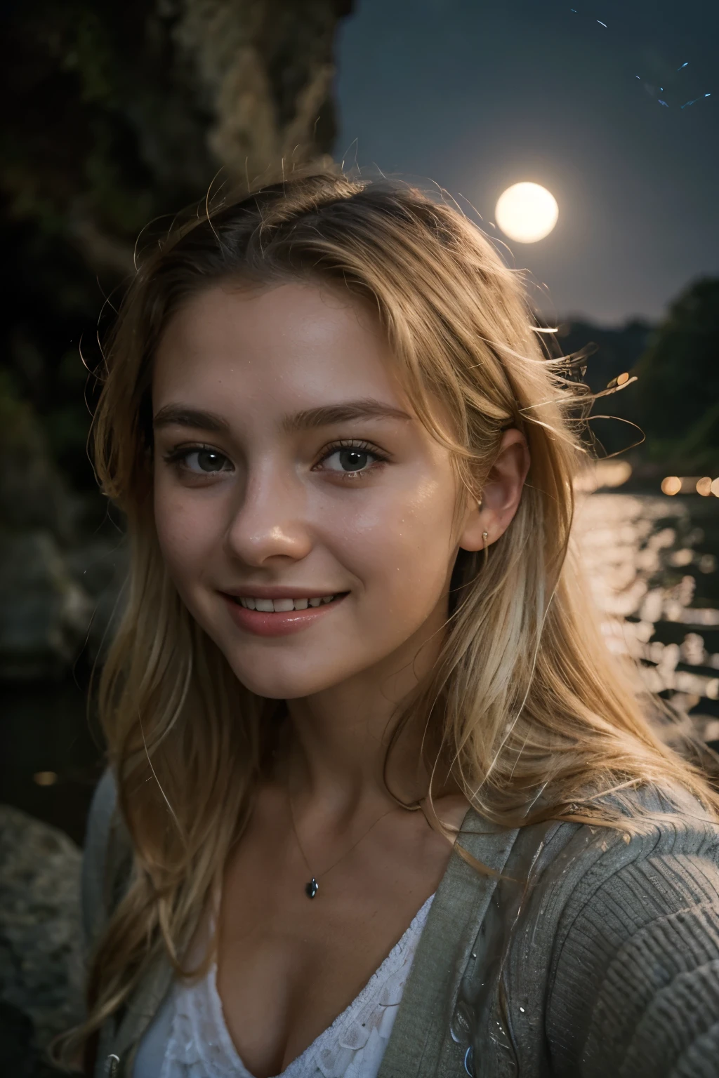 Photorealistic, Best Quality, Hyper Detailed, Beautiful woman, selfie photo, Upper body, Solo, wearing cardigan, Outdoor, (Night), Seascape, Real life nature, Stars, Moon, (Remarkable smile、Blonde hair、sixteen years old、Joyful, Happy), flash lights, sea, rocks, River, Wood, Smoke, crystal clear sky, analog style, looking at viewer, Skin Texture, Film grain, close-up, High resolution, Best Shadow, raw, Instagram LUT