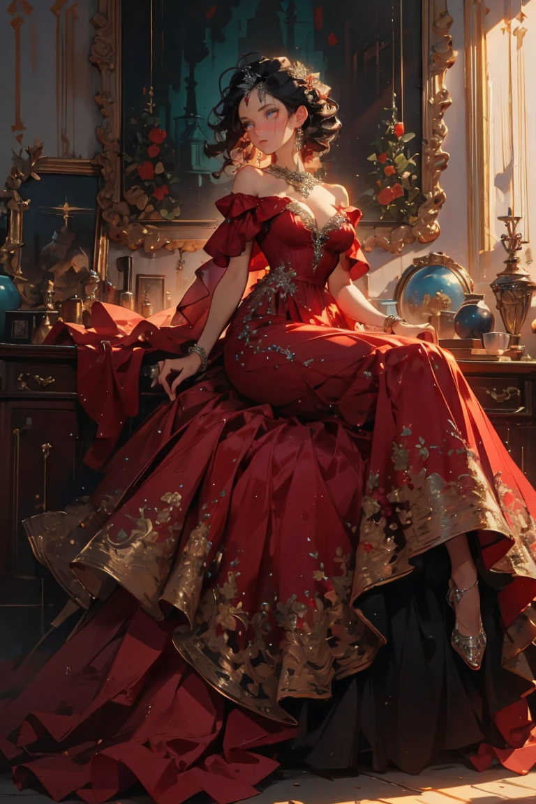 masterpiece, glowing,1 woman,  wrenchelegadome, hair ornament, jewelry, red dress, sitting, detailed face, sexy, black hair, large breast, cleavage, seductive
