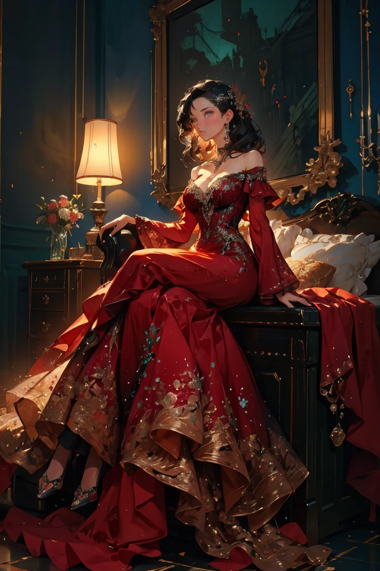 masterpiece, glowing,1 woman,  wrenchelegadome, hair ornament, jewelry, red dress, sitting, detailed face, sexy, black hair, large breast, cleavage, seductive