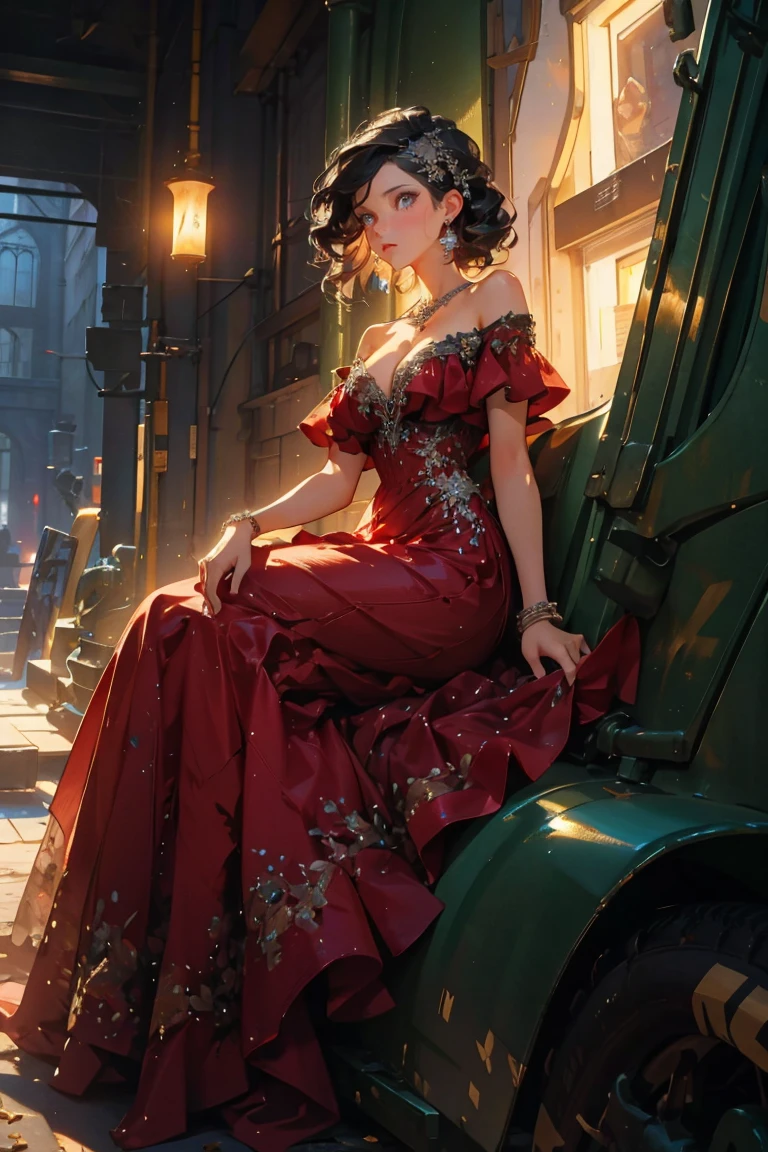 masterpiece, glowing,1 woman,  wrenchelegadome, hair ornament, jewelry, red dress, sitting, detailed face, sexy, black hair, large breast, cleavage, seductive