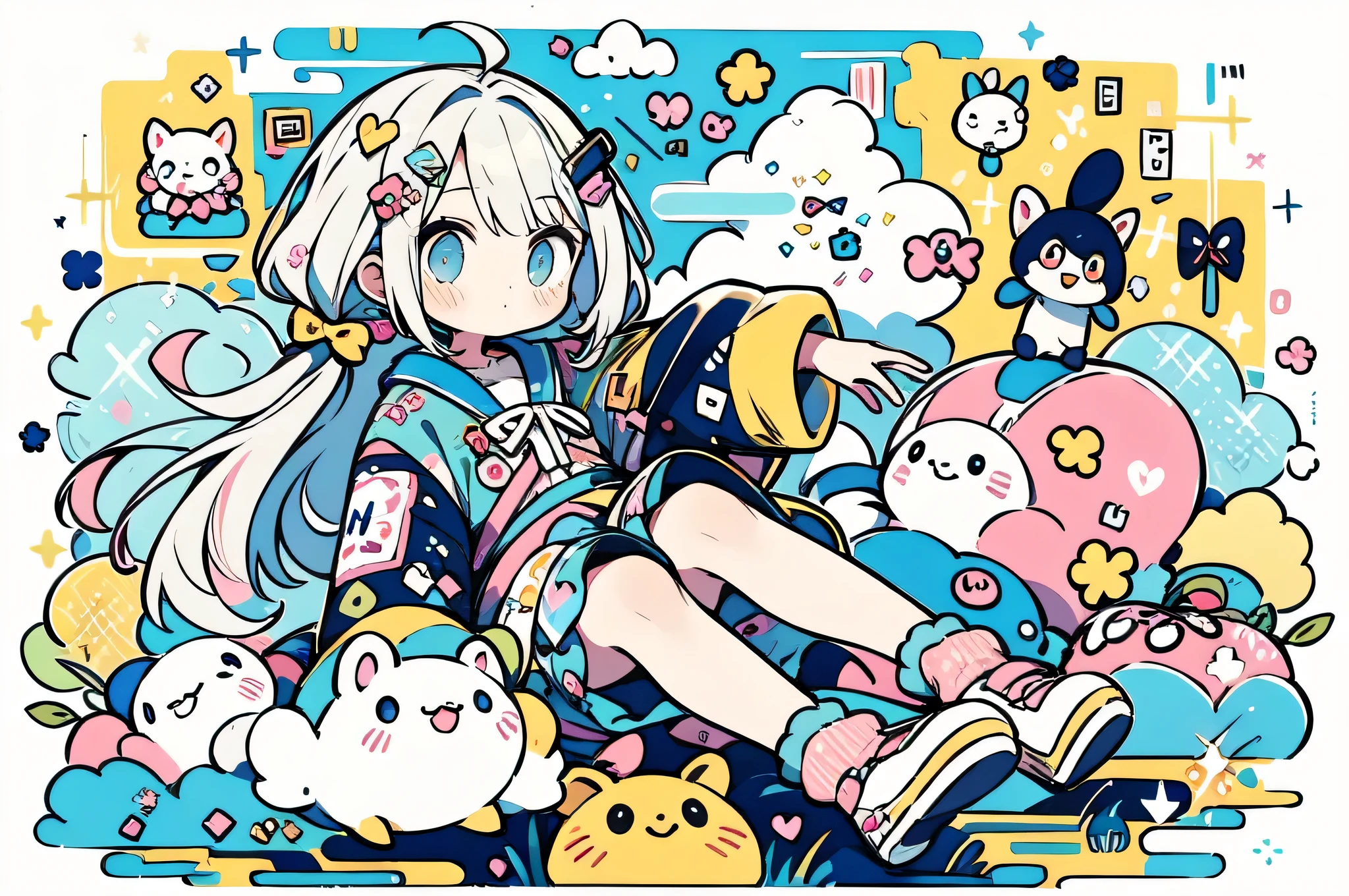 "kawaii, Cute, ((full body Esbian、Float on your side)), Adorable girl in pink, yellow, and baby blue color scheme. She wears sky-themed clothing with clouds and sky motifs. Her outfit is fluffy and soft, With decora accessories like hair clips. She embodies a vibrant and trendy Harajuku fashion style."[[[The body peels in a strange direction]]]