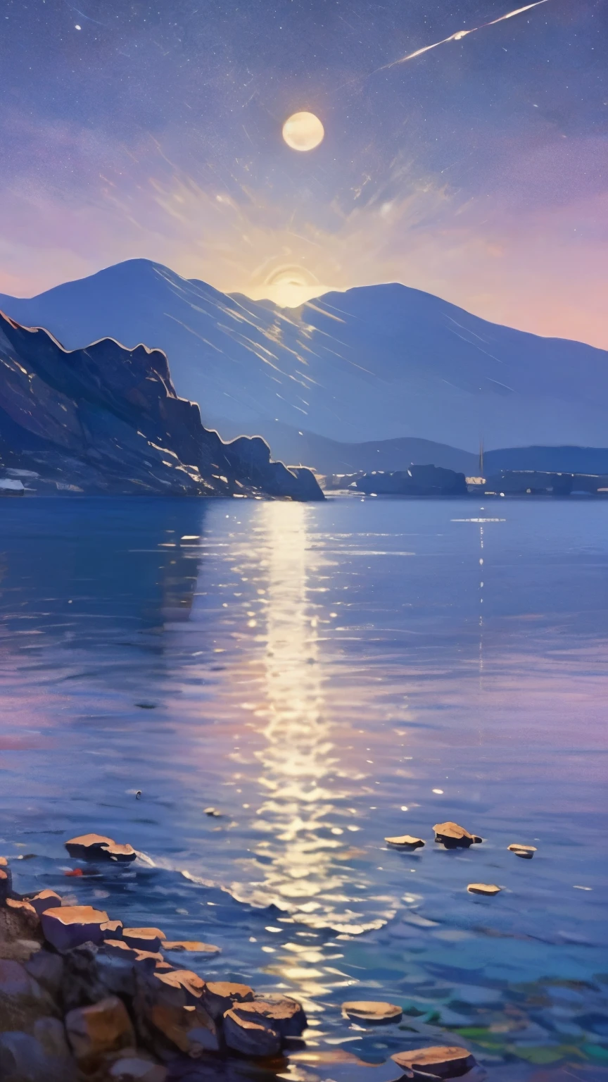 Large snowy mountain, lake at the base of the mountain, beautiful purple and blue night sky
