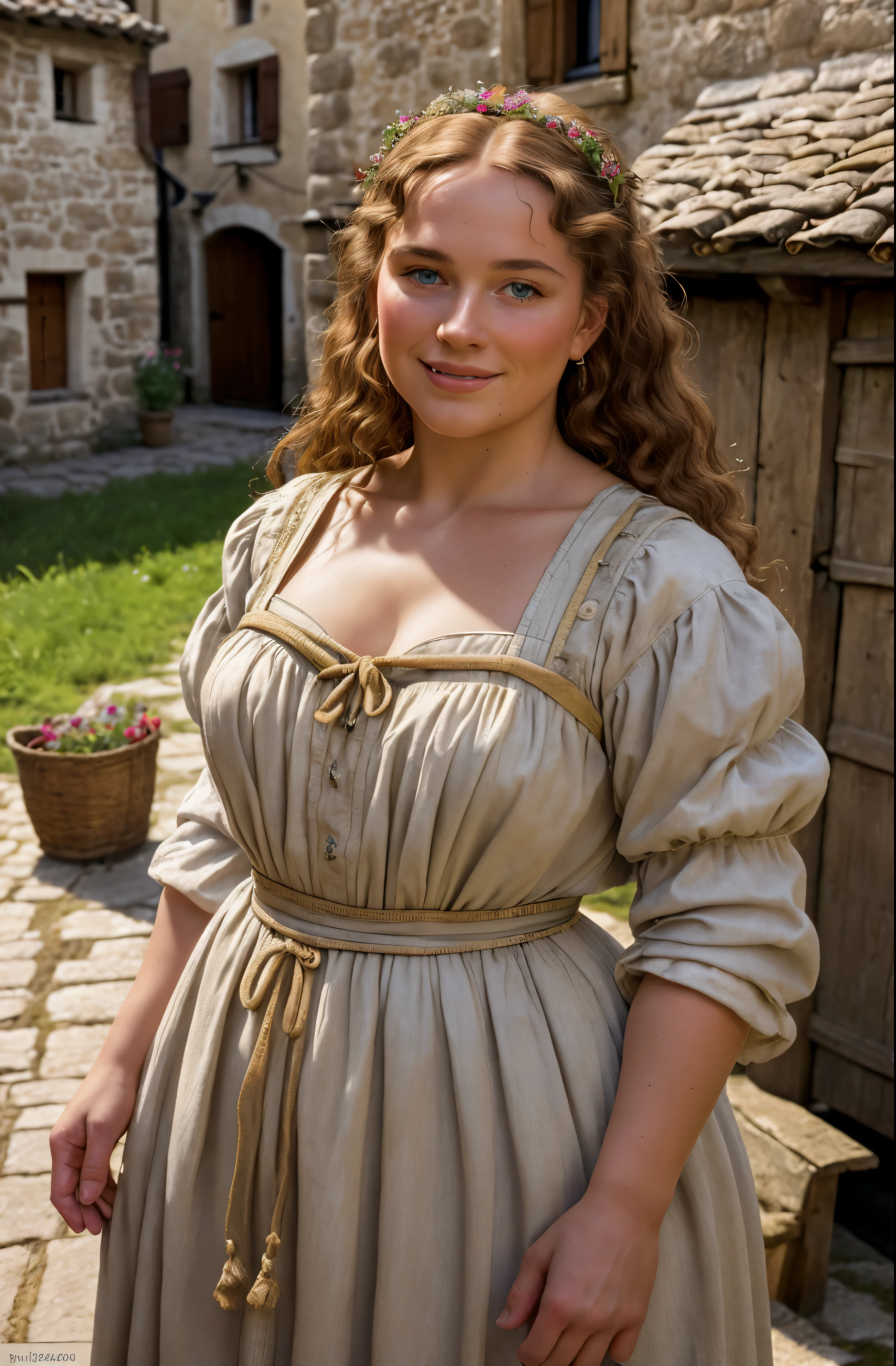 hyper photorealistic, cute peasant woman, in small European village, (45 years), (detailed face and eyeull body portrait, (extremely sexy), Masterpiece, pleasure, nudist, massive breasts, Full figured woman, expression enjoyment, idyllic aura, medieval environment, cinematic lighting, light honey hair, little smile, fine facial traits, Slim physique, (depth of field), ultra detailed, cinematic