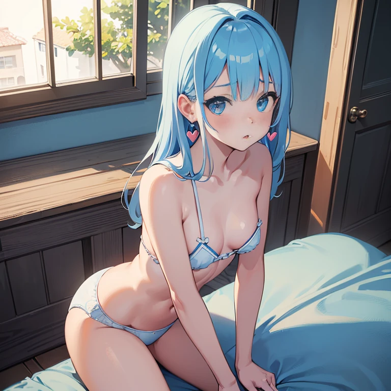 (masterpiece:1.3), (best quality:1.3), high resolution, dutch angle, overlook view, cowboy shot, 
sitting, breast squeeze, body facing forward, (one cute girl:1.3), solo, white skin, (small breasts: 1.2), 
light blue hair, beautiful hair, blue eyes, beautiful detailed eyes, blush, heart, surprised, underwear, earrings, indoors, white room, Sexy bed,