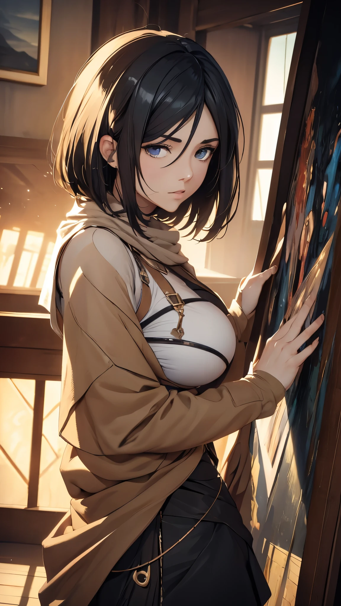 (best quality,4k,8k,highres,masterpiece:1.2),ultra-detailed,(realistic,photorealistic,photo-realistic:1.37),HDR,UHD,studio lighting,ultra-fine painting,sharp focus,physically-based rendering,extreme detail description,professional,vivid colors,bokeh,portraits Mikasa Ackerman from the anime "Attack on Titan", climbing a sheer wall with her equipment (a massive 30-meter wall). She is of a seductive appearance, with a slender figure, long legs, and a large bust. Her eyes are fiery and captivating. The artwork is of the highest quality, with a resolution of 4k, 8k, or even higher. The level of detail is astonishing, making the image look extremely realistic and photorealistic. The lighting is carefully crafted to enhance the overall look and feel of the artwork. Mikasa's character is portrayed in a way that truly captures her essence. The colors are vibrant and lively, creating a visually stunning piece of art. The focus is razor-sharp, with every tiny detail beautifully rendered. The painting technique used is akin to ultra-fine painting, showcasing the artist's mastery. The artwork is created using physically-based rendering techniques, ensuring the highest level of realism. Every little detail is described with extreme precision, bringing the image to life. The overall composition and framing of the artwork are done by a professional artist, resulting in a masterpiece worthy of admiration. The artwork has a sense of depth and three-dimensionality, creating a captivating sense of immersion. The style of the artwork is focused on capturing the essence of portraits, highlighting Mikasa's unique features and personality. The colors used in the artwork are carefully chosen to create a specific mood or atmosphere. The lighting in the artwork is meticulously crafted to enhance the overall look and feel of the scene.