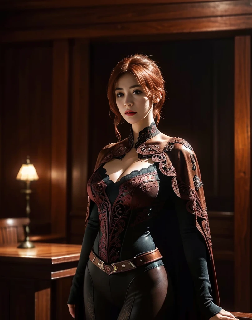 Masterpiece, Best quality, (Beautiful, Aesthetic, Perfect, Delicate, Intricate:1.2), 1 girl, Adult woman,  Copper half upper half lower hairstyle, Solo, Upper body, Looking down, Detailed background, captain, Serious, deep v big breasts, elegant cape,  decorations, Dynamic pose, On the cabin, anchor, dark cloude，Dramatic lighting, Epic atmosphere,