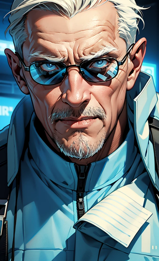 A handsome old man in police uniform，Get out of the room，Sighed secretly，futuristic city，Science fiction world，Close-up portrait，