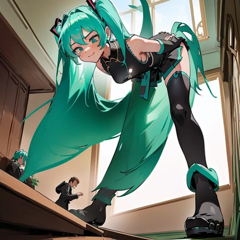 Masterpiece, Hatsune Miku, giantess, looming over tiny guy, indoors, glaring, smirk, intimidating, dominant, femdom, looking down on tiny guy, about to sit on tiny guy, perspective of the tiny guy