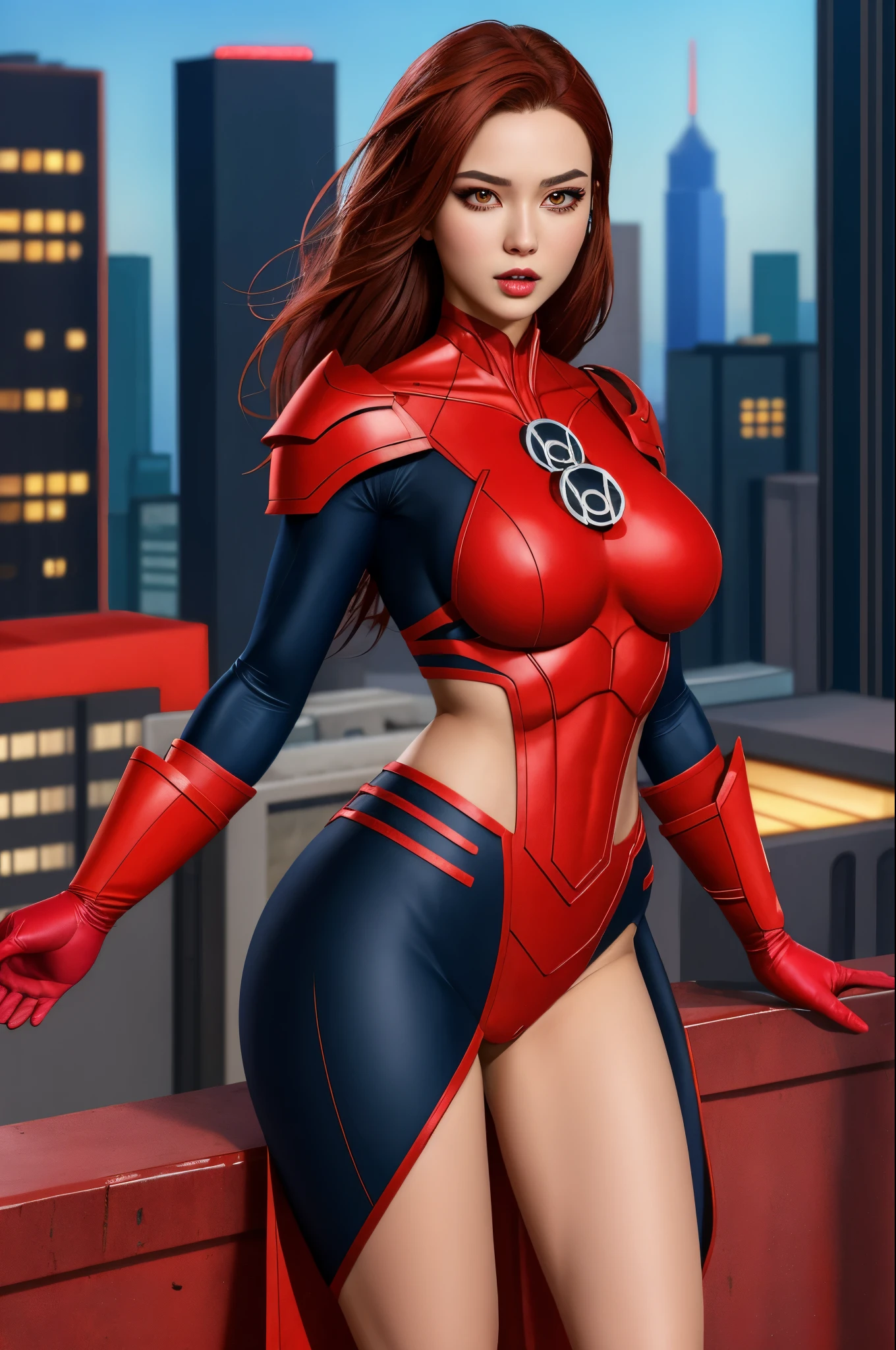 masterpiece, high quality, 4k resolution, best quality, 1girl, Auburn hair, jade eyes, perfect body shape, big boobs, red eyes are color, red lantern costume, cityscape background, bloody environment, 