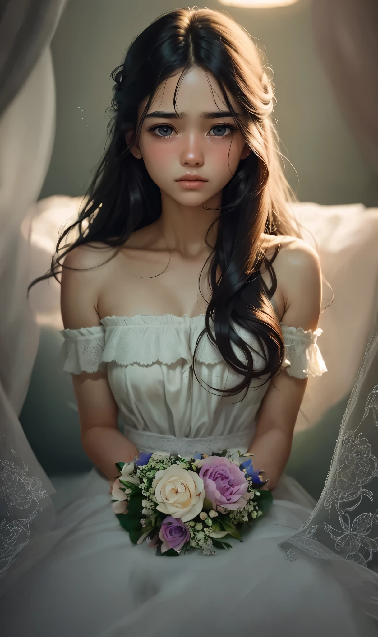 Flower bouquet, elegant wedding flowers, delicate blooms, vibrant colors, intricate floral arrangement, romantic atmosphere, soft and dreamy lighting, natural and organic feel, captivating fragrance, exquisite details, finely crafted petals, lifelike textures, realistic depiction, artful composition, masterful brushwork, high-resolution masterpiece:1.2, ultra-detailed, photorealistic:1.37, vivid colors, soft pastel hues, gentle color blending, subtle shadows, impeccable highlights, Studio lighting, bokeh, alluring floral scent, joyful celebration, blissful occasion, love and happiness, cherished memories, elegant wedding centerpiece.