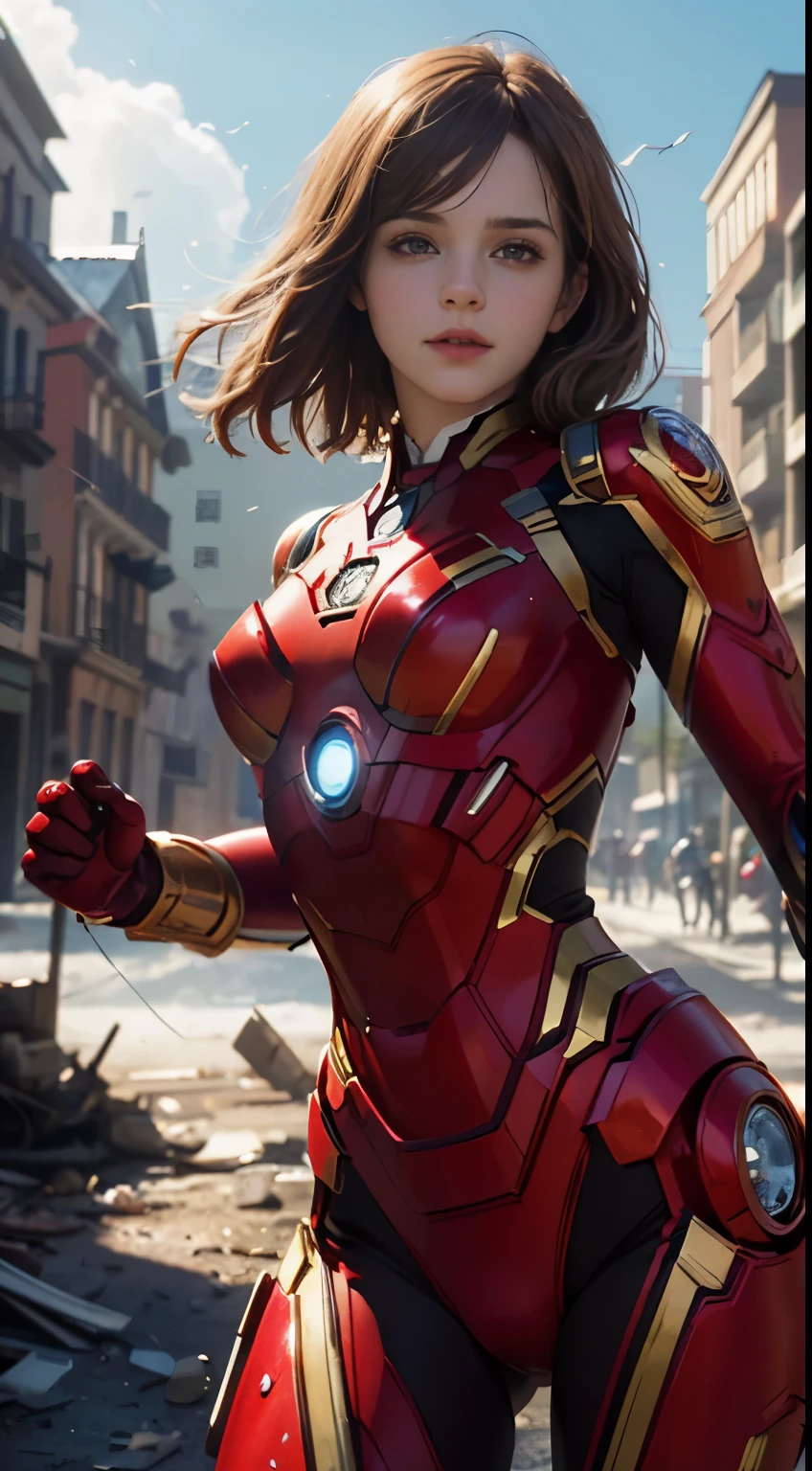 1girl, Emma Watson as  Ironman (from marvel studios), red Ironman suit (holding your helmet), smile, look at viewer, (masterpiece, best quality, detailed cloth texture, beautiful detailed face, intricate details, ultra detailed),  blonde hair, dynamic pose, (random angles), (Best quality, A high resolution, Photorealistic, primitive, buildings destroyed, abstract background, (8K,Masterpiece, ),Best quality, Masterpiec8K.hdr. High ribs:1.2, filmgrain, Blur bokeh:1.2, Lens flare, (vivd colour:1.2), (Delicate),