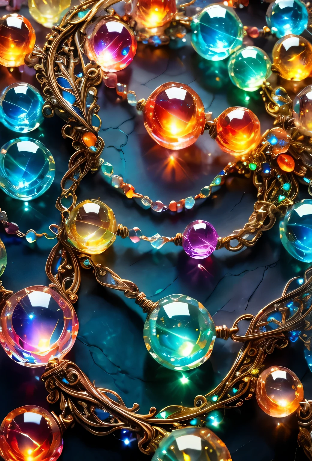macro photo, sparkling magical fantasy magical necklace, made out of transparent multicolored glass beads, light shines through, magical artifact, very detailed, amazing quality, intricate, cinematic light, highly detail, beautiful, surreal, dramatic, warm colors