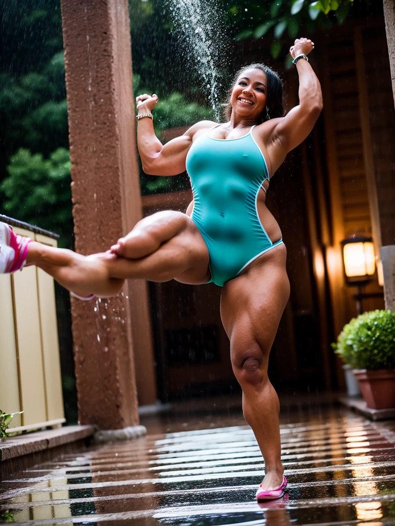 40 year old latin woman bodybuilder, outside in the rain dancing