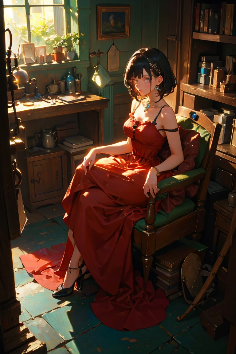 masterpiece, glowing,1 woman,  wrenchelegadome, hair ornament, jewelry, red dress, sitting, detailed face, sexy, black hair, large breast, cleavage, seductive