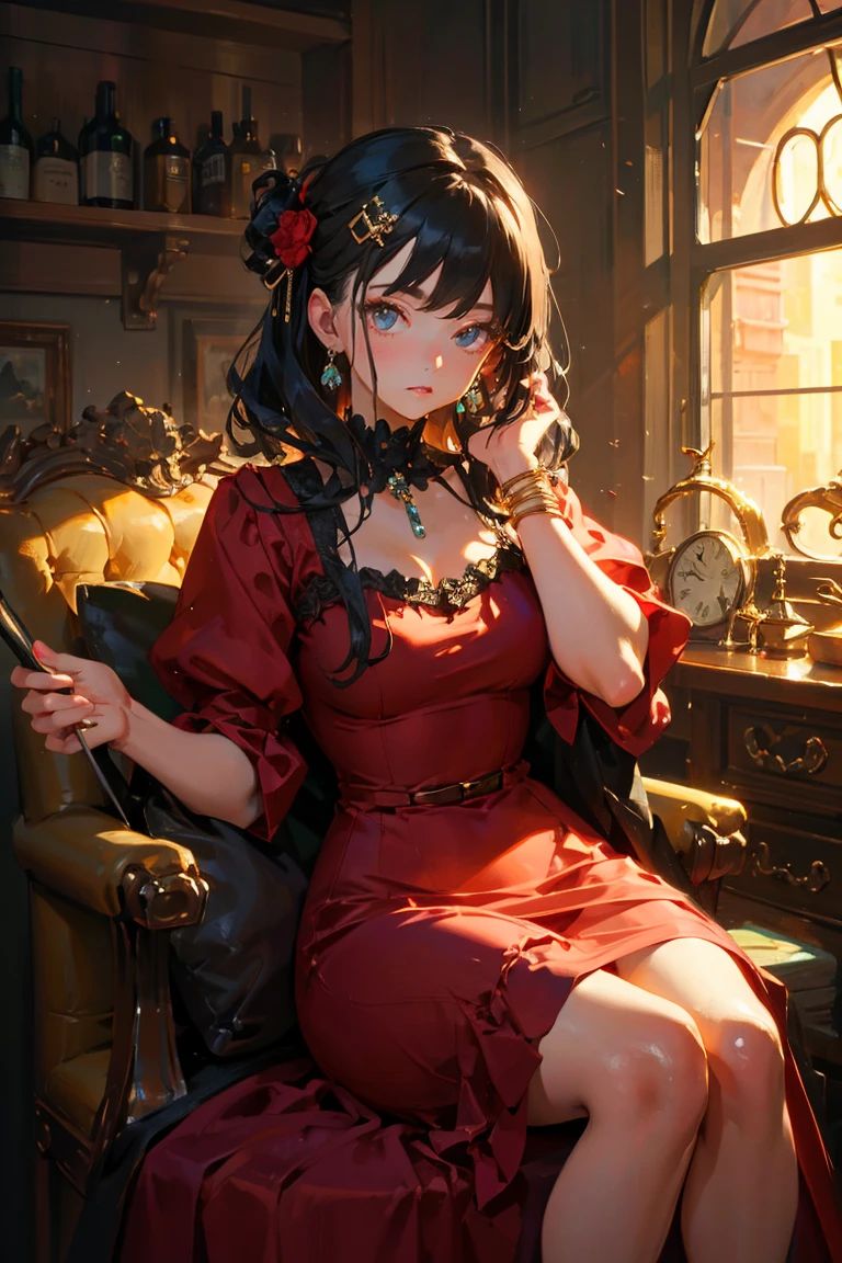 masterpiece, glowing,1 woman,  wrenchelegadome, hair ornament, jewelry, red dress, sitting, detailed face, sexy, black hair, victorian dress, beautiful dress