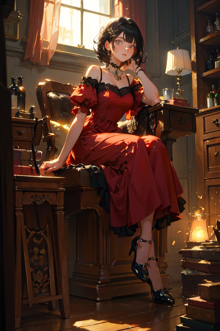masterpiece, glowing,1 woman, wrenchelegadome, hair ornament, jewelry, red dress, sitting, detailed face, sexy, black hair, victorian dress, beautiful dress