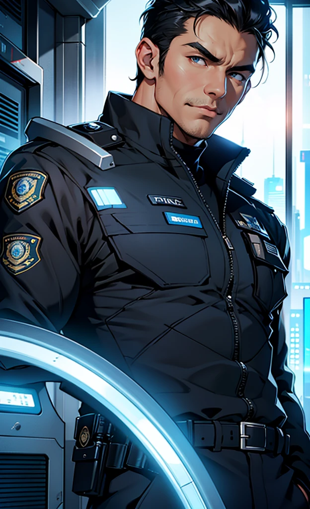 A handsome black-haired man in police uniform,hansome,Get out of the room,Sighed secretly,futuristic city,Science fiction world,Close-up portrait,