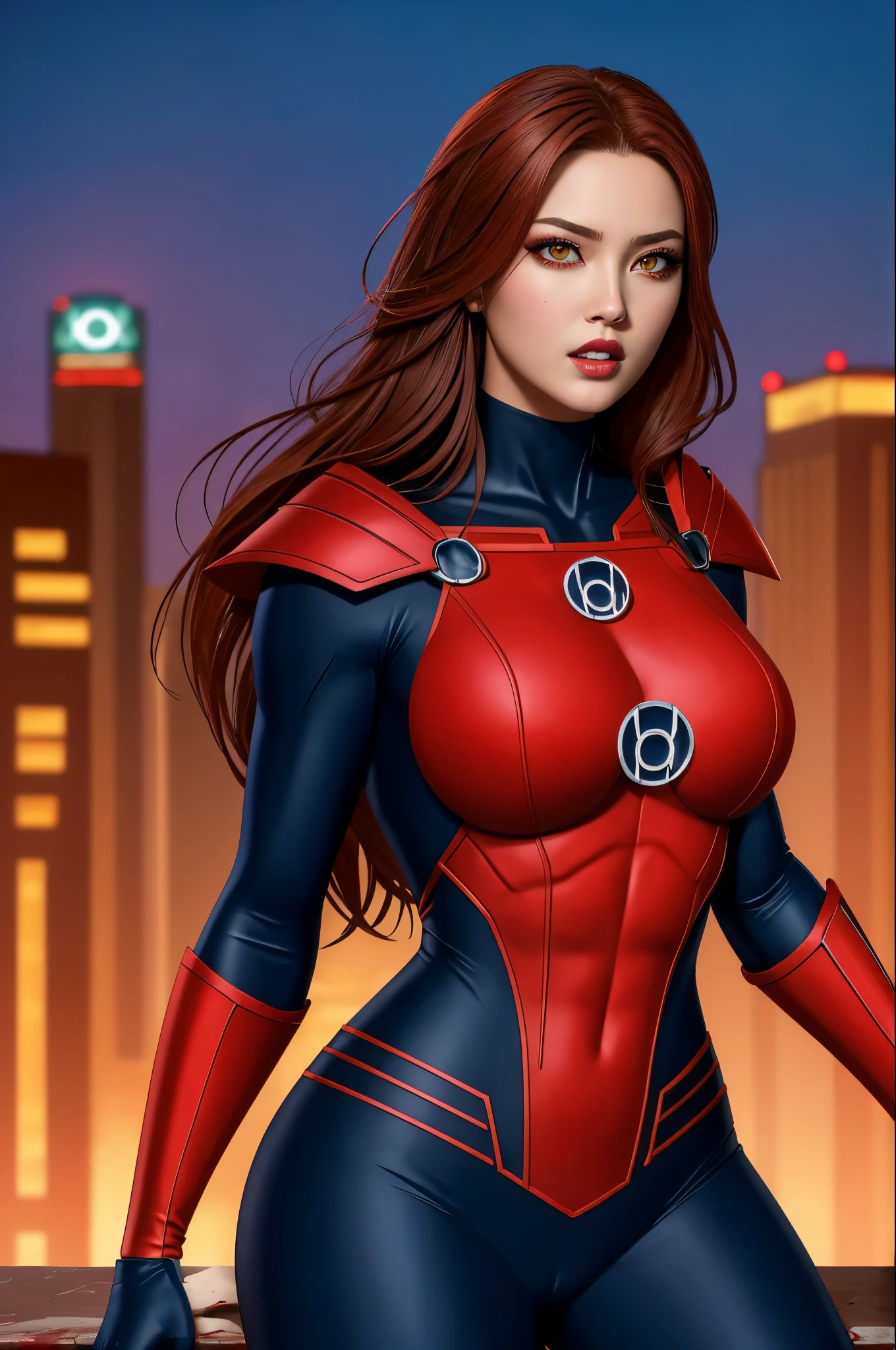 masterpiece, high quality, 4k resolution, best quality, 1girl, Auburn hair, jade eyes, perfect body shape, big boobs, red eyes are color, red lantern costume, cityscape background, bloody environment, 