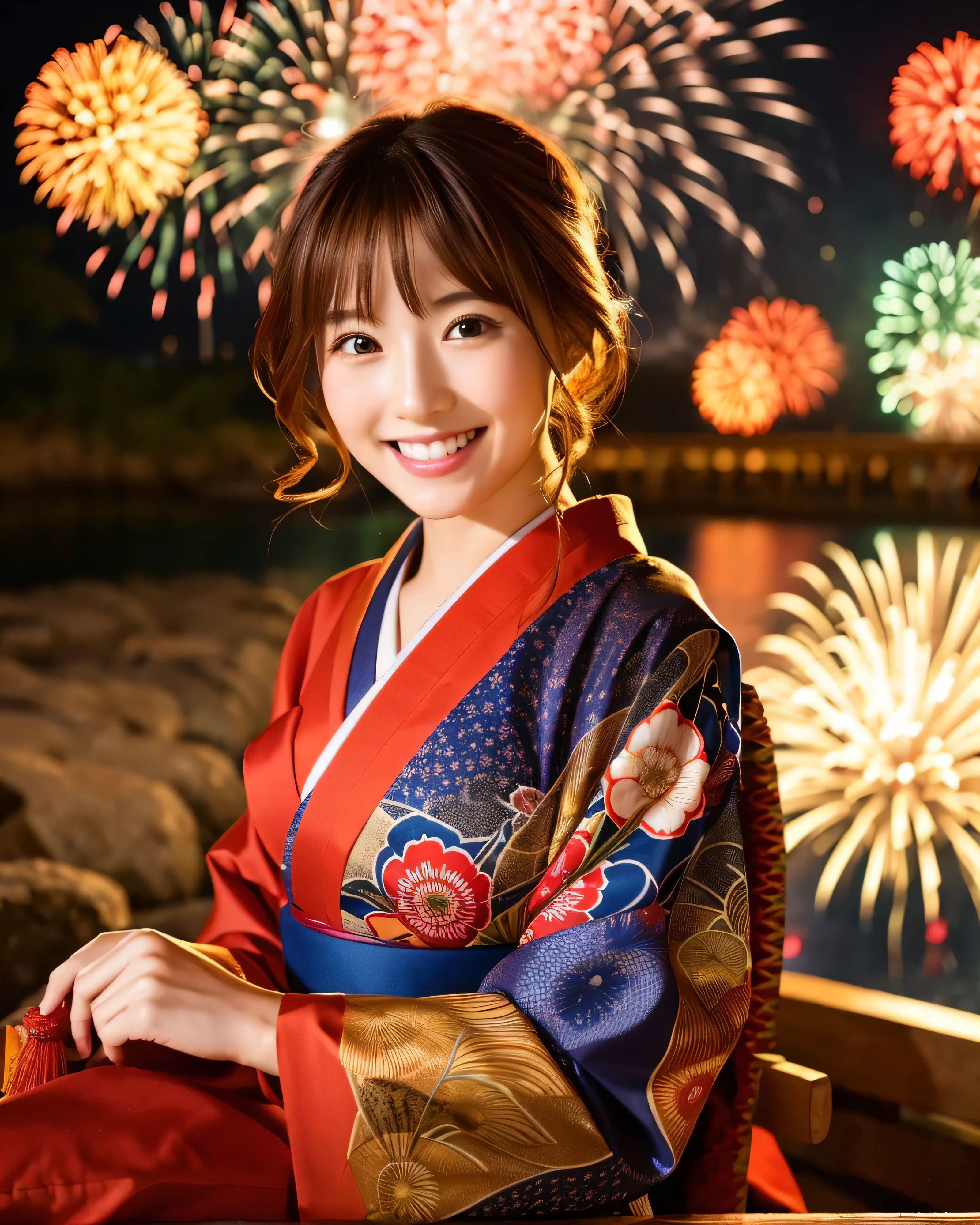 beautiful japanese woman kimono simple red yukata upset brown hair beautiful eyes A happy smile night dry river bed Delicate and colorful fireworks professional lighting