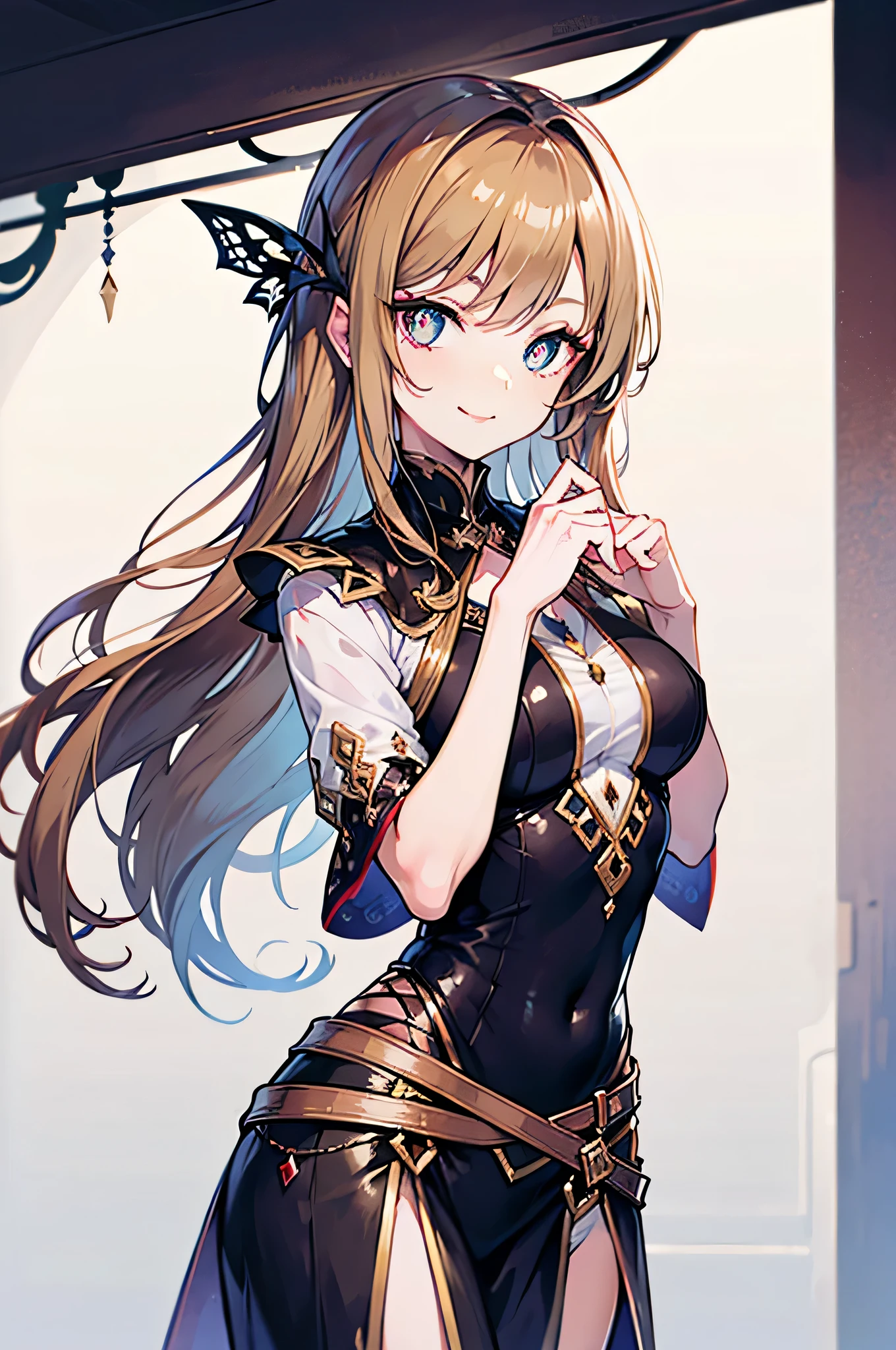 light brown long hair，Wearing fantasy clothes，black eyes，realistic，cute pose，Viewing angle is straight ahead，evil smile,