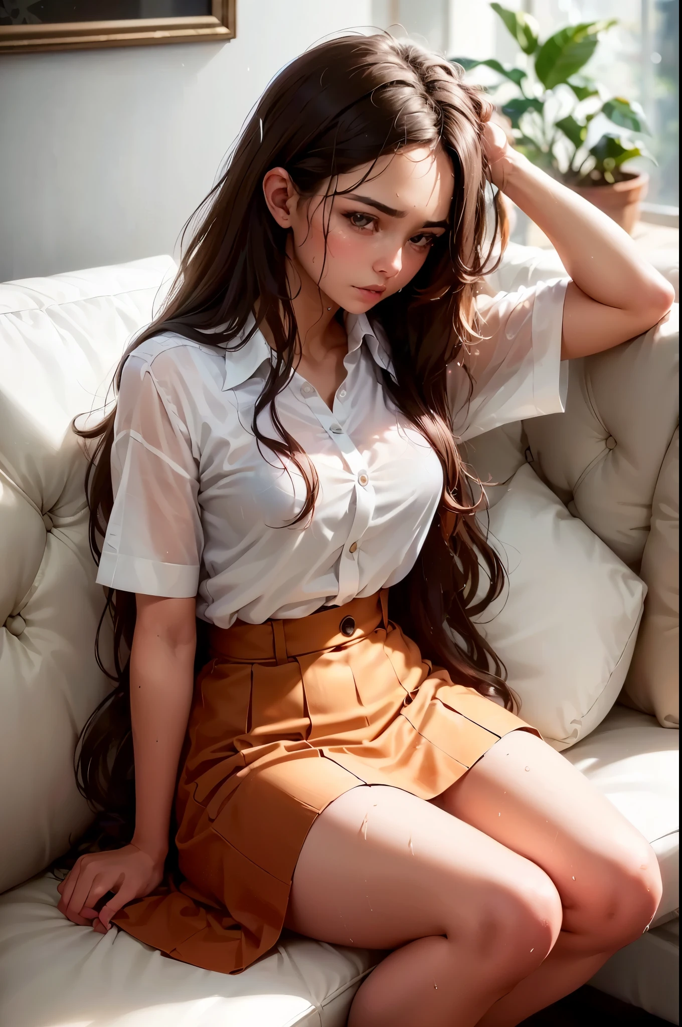 generate a lady wearing with long brown hair white shirt and skirt sit on sofa inside house soaked wet shirt and hair, ((sneeze)), masterpiece, best quality:1.2),(8k,highres,RAW photo,realistic,photo-realistic:1.3),(detailed skin texture,detailed cloth texture,beautiful detailed face:1.25),professional lighting,photon mapping,beautiful soft light,radiosity,physically-based rendering,model shoot style, model shoot style, (extremely detailed CG unity 8k wallpaper), full shot body photo of the most beautiful artwork in the world, complex 3d render ultra detailed, looking at viewer, 18 yo, real human skin, vibrant details, hyperrealistic, beautiful, octane render, an extremely delicate and beautiful, extremely detailed ,CG ,unity ,wallpaper,Amazing, finely detail,official art,extreme detailed eyes, (perfect face), shiny skin, colorful, highest detailed, vibrant colors, ultra high res, (high contrast), intricate, lens flare, (((nsfw)))