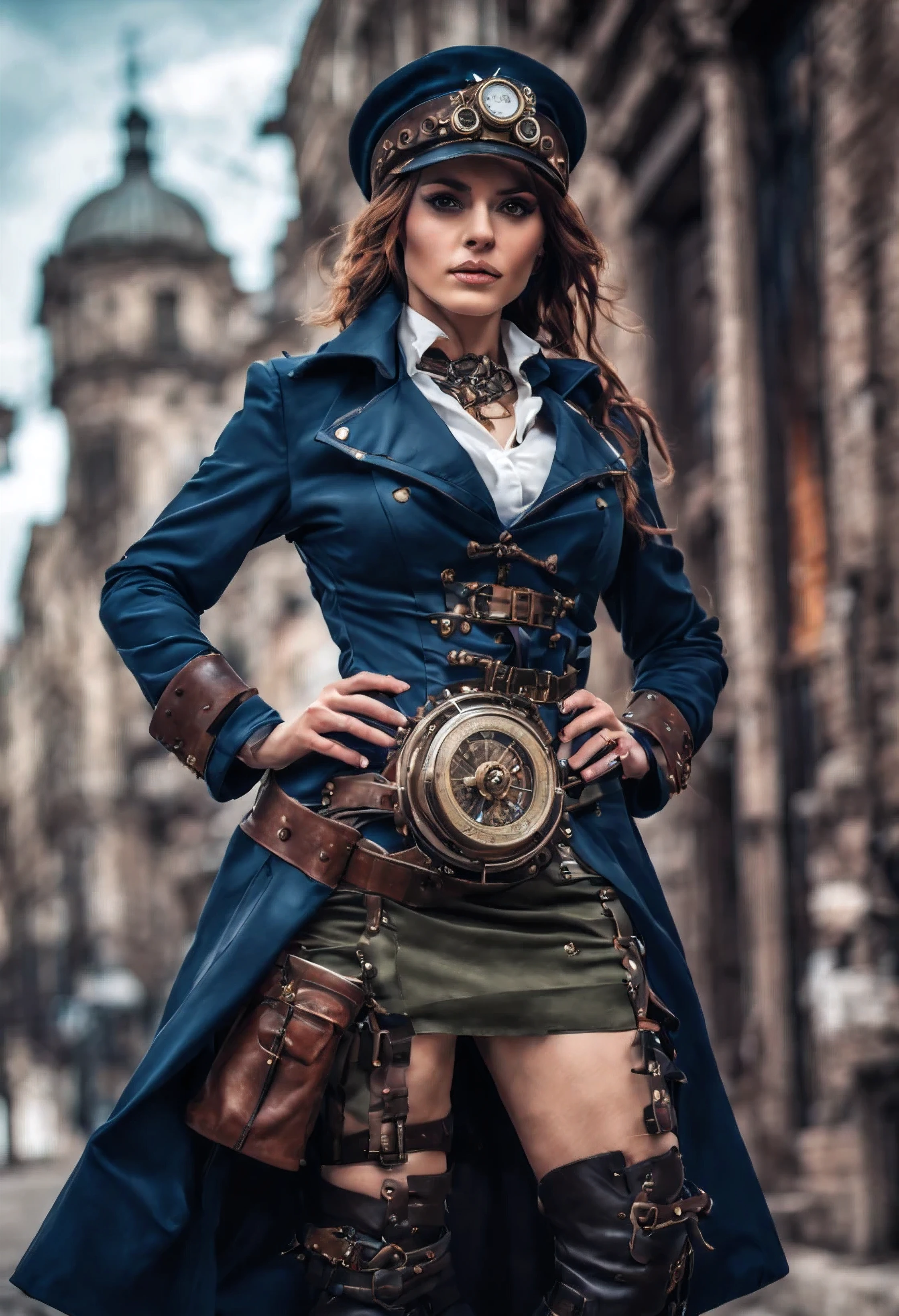 Arte em cores estilo Alex Horley, General Athletic Lined Woman Steampunk, trajando farda Azul, Dynamic shouting orders, Steampunk war scenario, Ultra HD images definition 3840x2160.