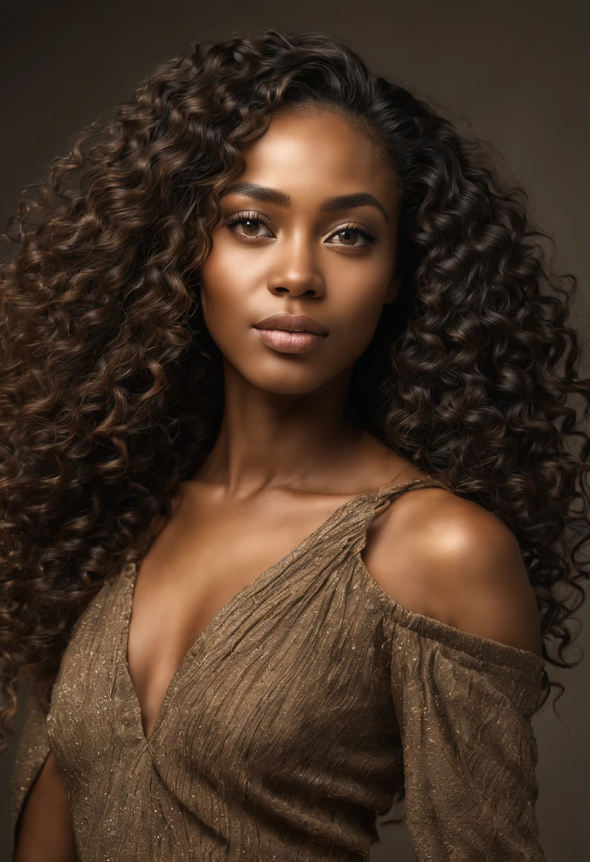 ((full body )) portrait photo of a beautiful 25 years old nigerian woman, endless long (extra long curly black hair), Award - winning photograph, Masterpiece, 8k, ultra high res, hyper detailed, beautiful black woman, perfect face, rule of thirds, Perfect eyes, Perfect iris, perfect pupils, (perfectly round iris:1.3), Perfect lips, Perfect teeth, dimples, perfect nose, highly detailed hair, ((detailed face)), ((detailed facial features)), (finely detailed skin), brown skin, realistic skin texture, extreme skin details, (pores:0.1),(sweaty:0.8), insane details, intricate details, amazing fine detail, photorealistic, photograph, photorealism, rich colors, lifelike texture, neutral colors, Soft front light,cinematic lighting, dramatic lighting,dappled light on face, backlight on hair, sharp focus, wide angle, film grain, dslr, raw photo, photographed on Nikon