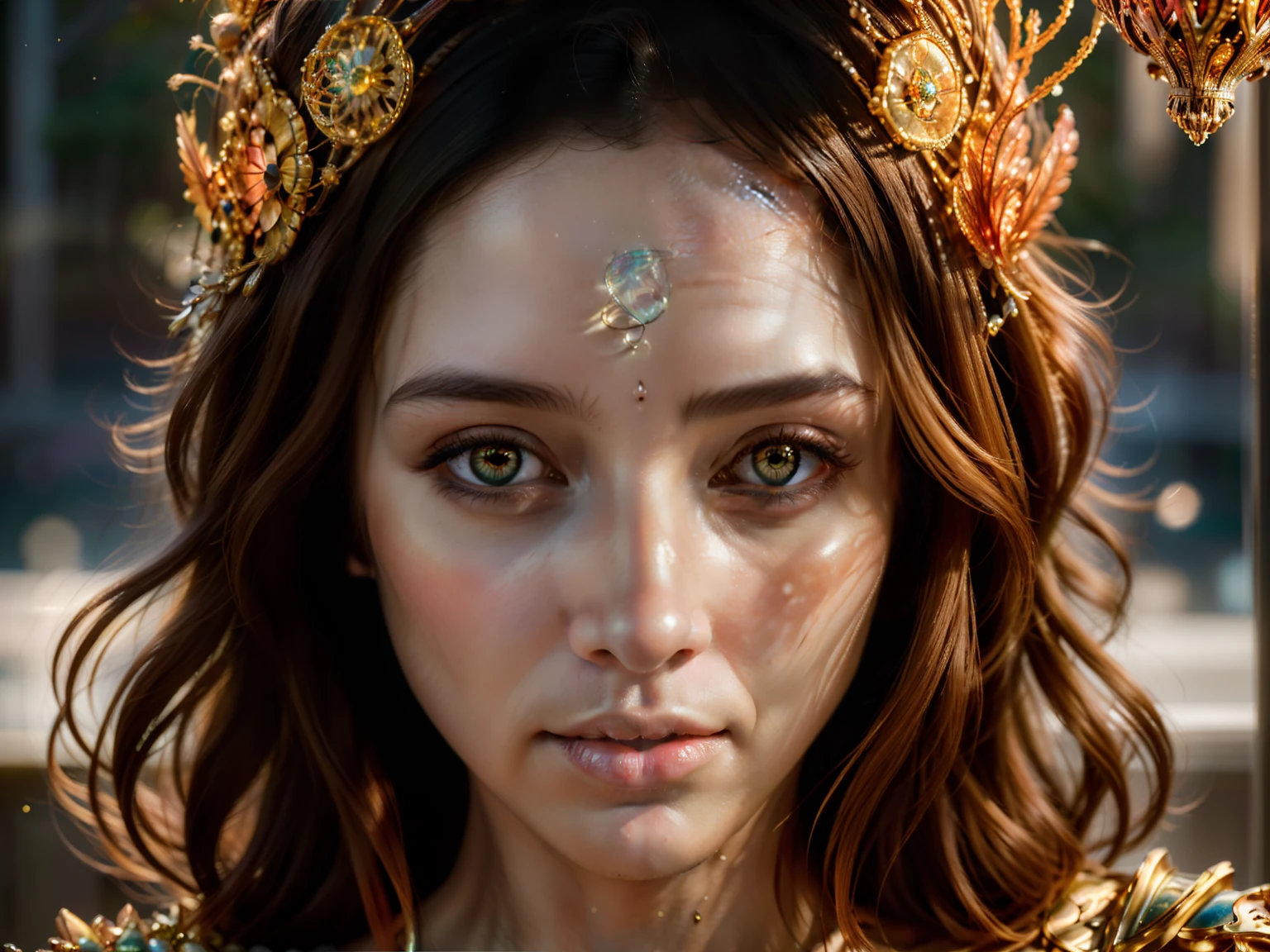 Portrait of a ghostly jellyfish, shiny aura, highly detailed, gold filigree, intricate motifs, organic tracery, by Android jones, Januz Miralles, Hikari Shimoda, glowing stardust by W. Zelmer, perfect composition, smooth, sharp focus, sparkling particles, lively coral reef background Realistic, realism, hd, 35mm photograph, 8k), masterpiece, award winning photography, natural light, perfect composition, high detail, hyper realistic,