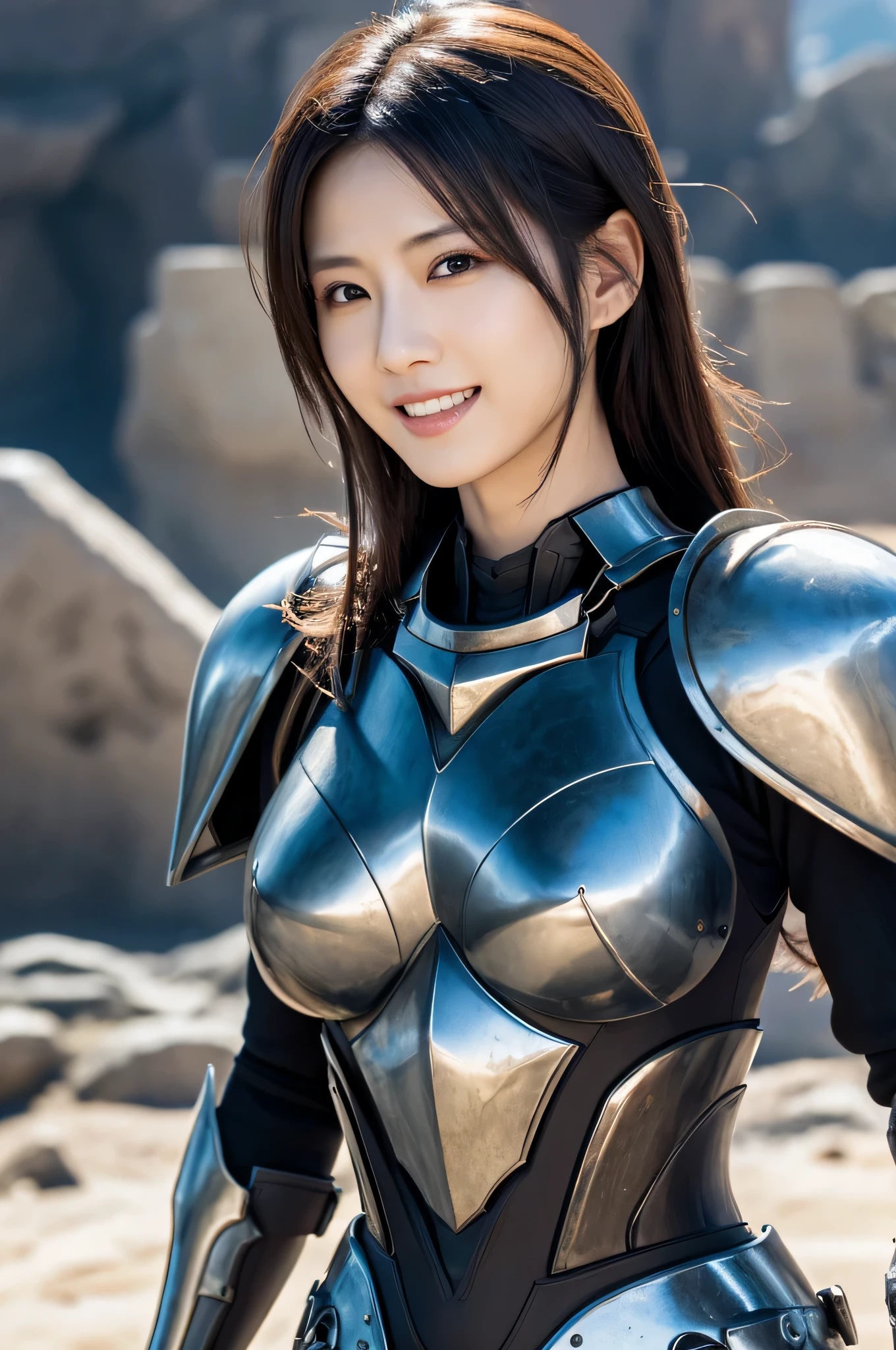 Highest resolution, 4K, Masterpiece: 1.3), A Japanese milf, photo of one lady, Sexy, fine eyes, Slender figure, Realistic teeth, double eyelids, full body, best quality, detailed, equipped with armor, at the fantasy world, background is parallel world, naked
