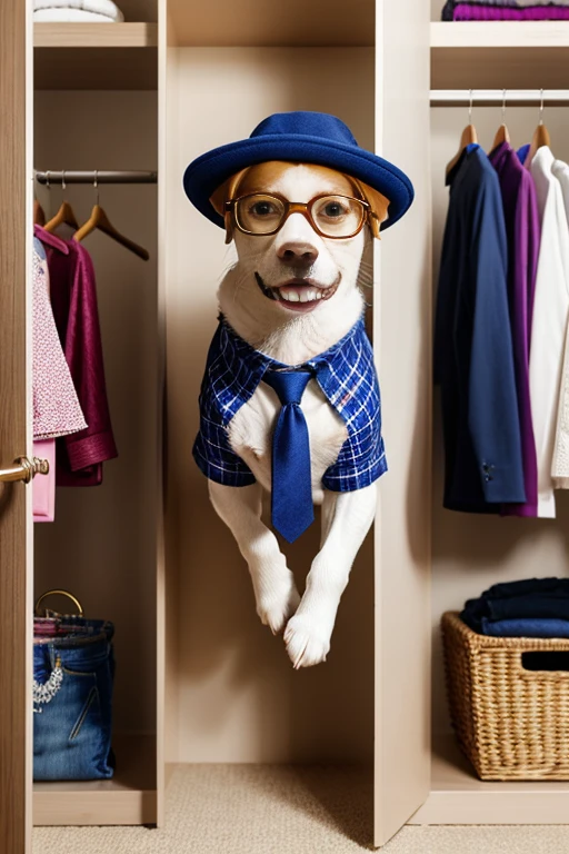 Create clothes for puppies and pets displayed in closets, cabides, prateleiras, camiseta, ties, gargantilha, Hat, casaco, blazer, terno, pijamas, tocas, funny glasses. Bandanas, roupinhas fofas para pets, dynamic photography.
