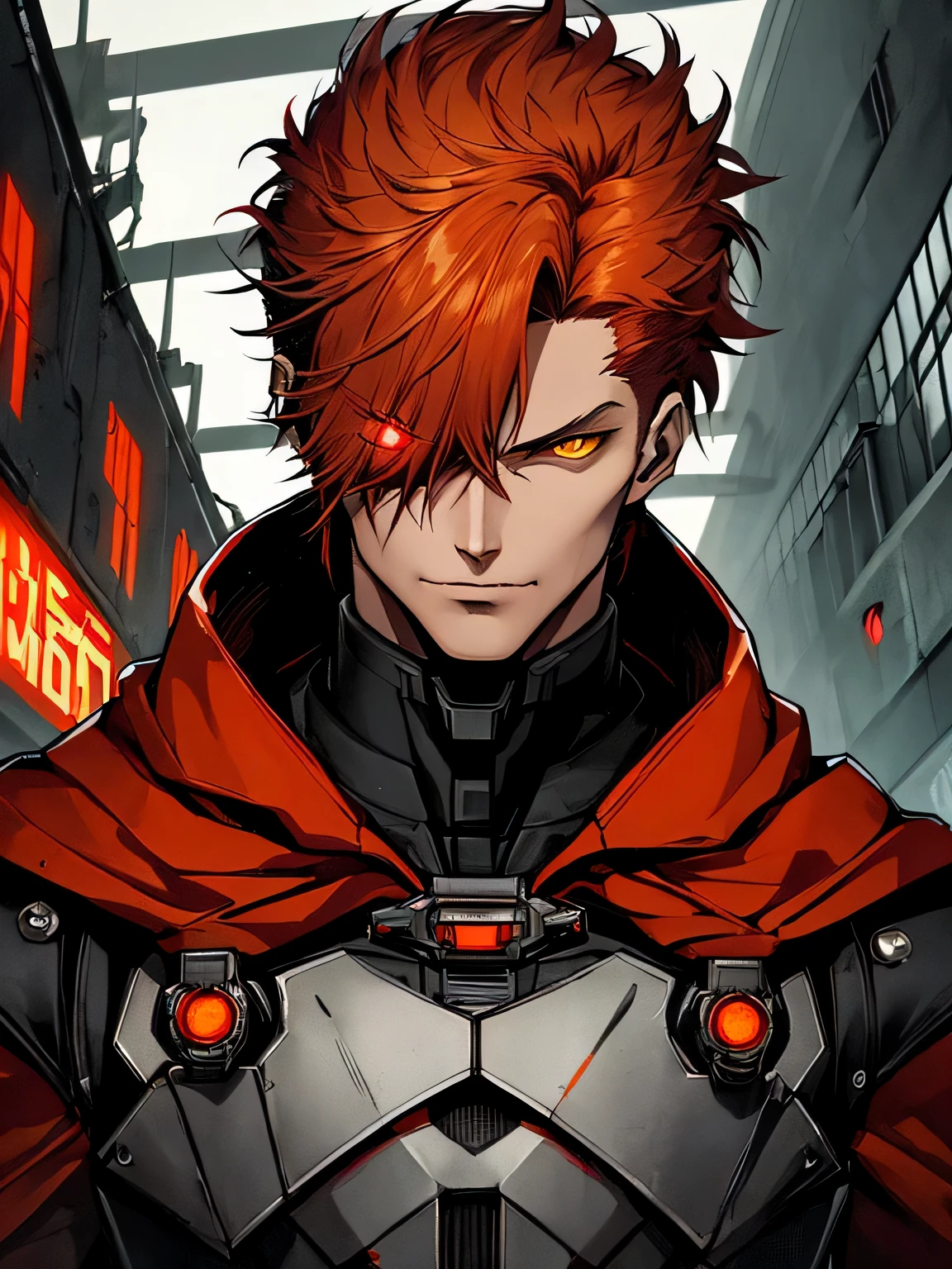 Inquisitor. MALE. Gloomy portrait of Evil Red Hood from DC with intricate angular cybernetic implants inside a brutalist building, gothic brutalist cathedral, cyberpunk, short hair, military haircut, orange hair, yellow eyes, ((SITH EYE'S)) award-winning photo, bokeh, neon lights, cybernetic limb. dark.
