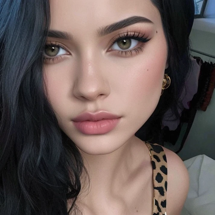 um close de uma mulher com longos cabelos pretos e uma blusa com estampa de leopardo, Kylie Jenner, flawless face, Kendall Jenner, Fleshy lips, rosto sexy, beicinho, with very labios finos, labios finos, sensual lips :5 elegante, Kylie Jenner as catwoman, light pink thin lips, thin pursed lips, cabelo preto e olhos grandes, rosto sexy with full makeup