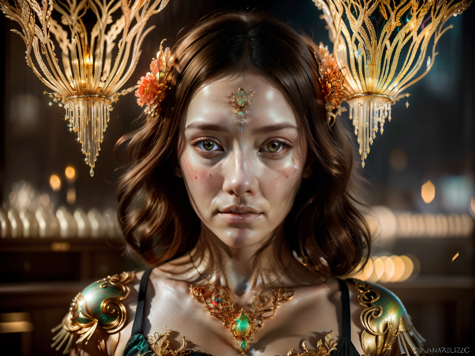 Portrait of a ghostly jellyfish, shiny aura, highly detailed, gold filigree, intricate motifs, organic tracery, by Android jones, Januz Miralles, Hikari Shimoda, glowing stardust by W. Zelmer, perfect composition, smooth, sharp focus, sparkling particles, lively coral reef background Realistic, realism, hd, 35mm photograph, 8k), masterpiece, award winning photography, natural light, perfect composition, high detail, hyper realistic,