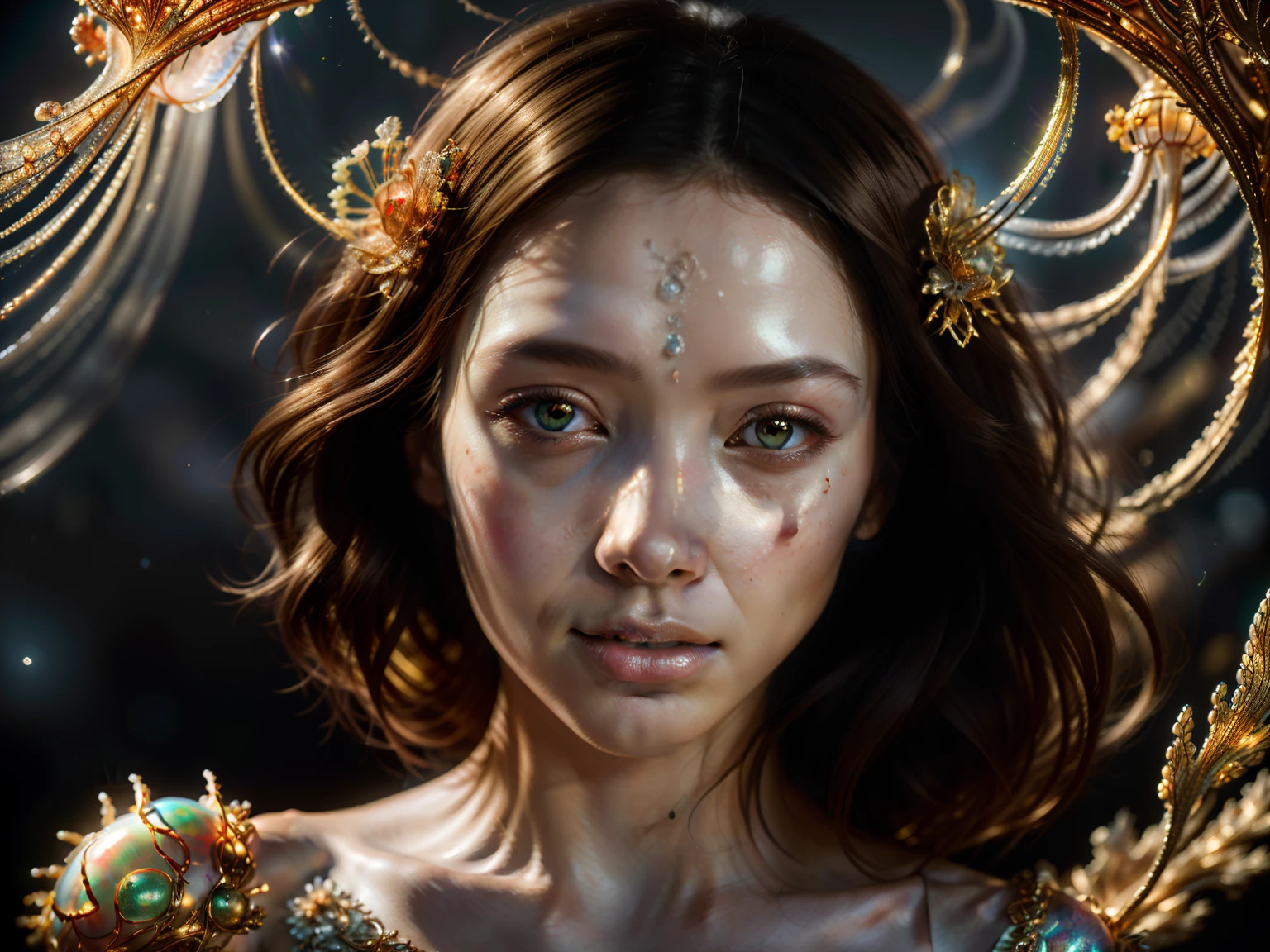 Portrait of a ghostly jellyfish, shiny aura, highly detailed, gold filigree, intricate motifs, organic tracery, by Android jones, Januz Miralles, Hikari Shimoda, glowing stardust by W. Zelmer, perfect composition, smooth, sharp focus, sparkling particles, lively coral reef background Realistic, realism, hd, 35mm photograph, 8k), masterpiece, award winning photography, natural light, perfect composition, high detail, hyper realistic,