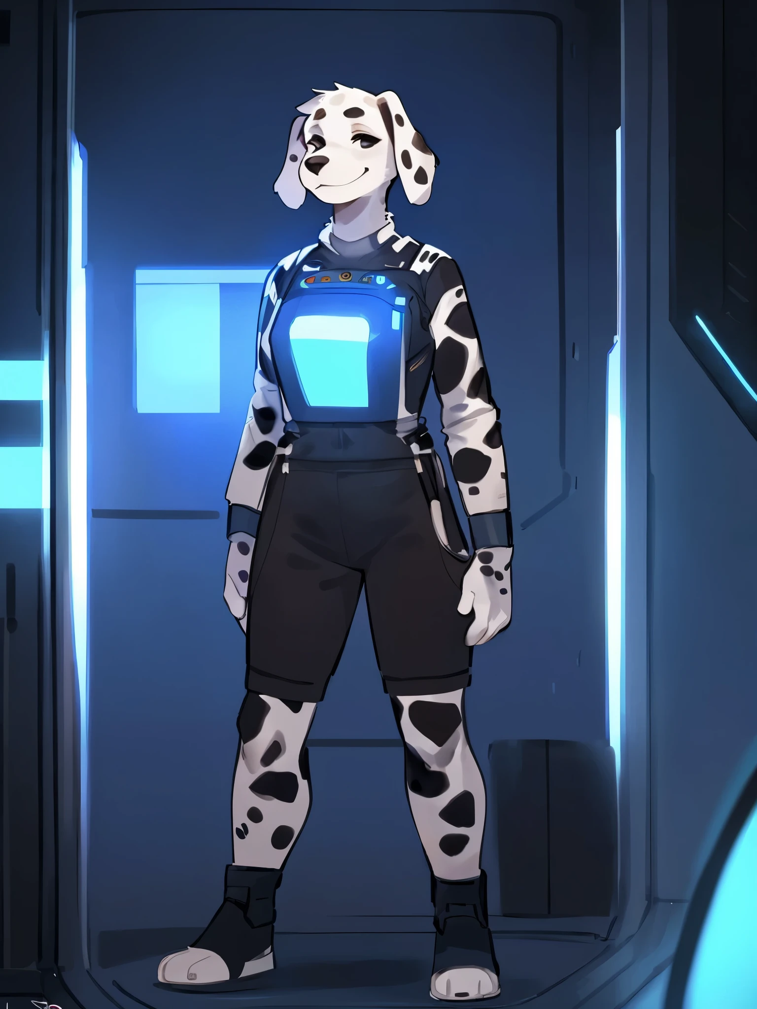 by bebebebebe, be lostgoose, by goonie-san, solo, female, dalmation, snout, floppy ears, smirking, sassy, short, detailed eyes, standing, spaceship, sci-fi medical outfit