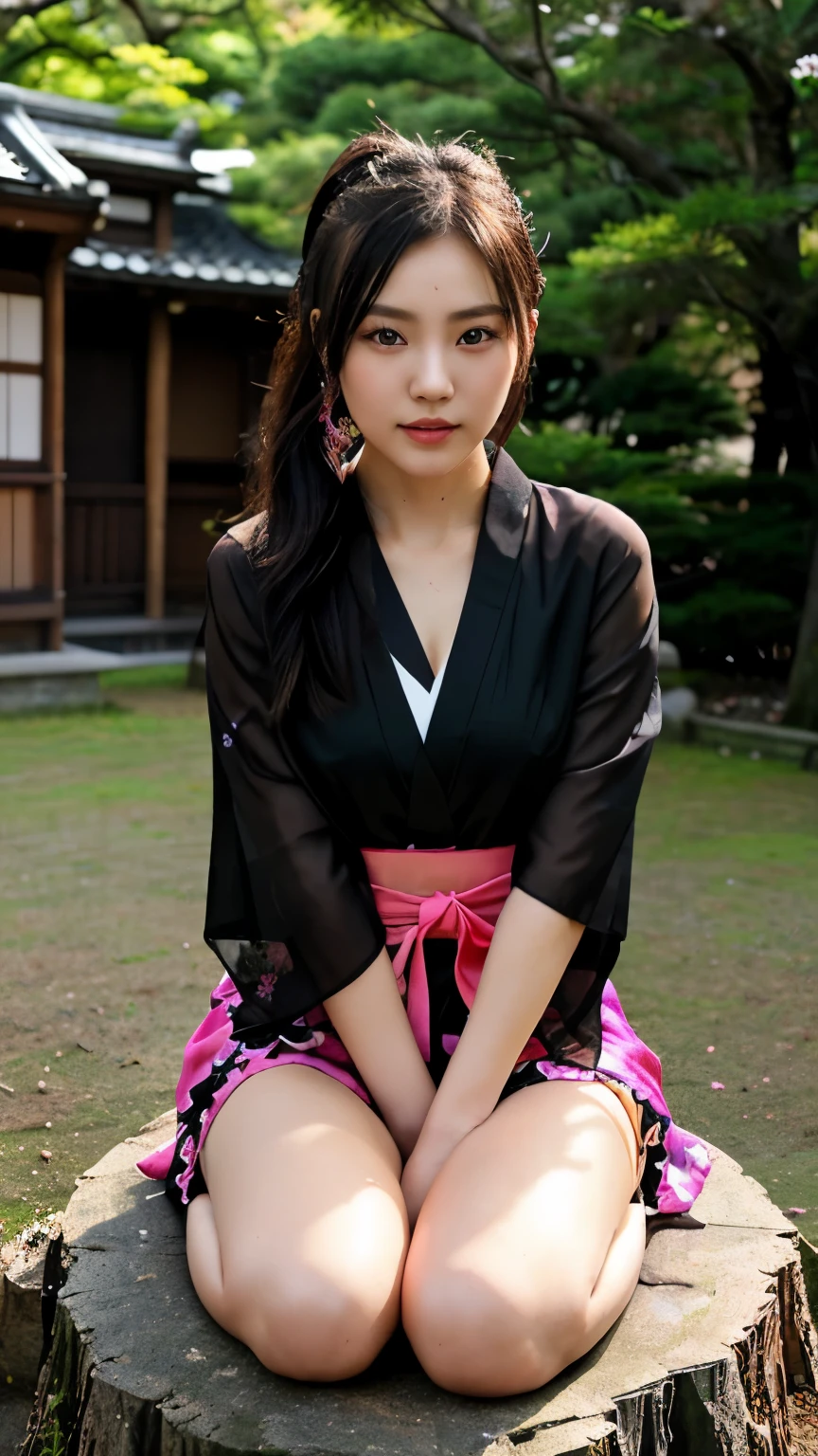 最high quality、high quality、best image quality、8K、最High resolution、High resolution、最high quality、masterpiece、realistic pictures、RAW photo、realistic atmosphere、(detailed face)、(fine hands、thumb１reference４)、(beauty of japan )、very nice face、cute face、((beautiful japanese girl))、(woman), ((18 year old beautiful girl))、(glossy black hair)、(straight long hair)、(ponytail)、whole body、slim style、(shiny skin)、(Fair skin, Glossy skin)、real human skin、realistic human body structure、perfect body， perfect face， perfect hands， perfect fingers， perfect lips， perfect eyes，perfect teeth、perfect background， perfect atmosphere，look at the camera、 soft natural light、samurai kimono、maiko kimono、servant、geisha kimono、japanese kimono、Furisode、kimono、Yukata、japanese traditional、Samurai Residence、Japanese garden、((colorful transparent see-through(flowery kimono、Hakama with side slits))、((sit on the stump with your knees bent(Pose that makes your thighs look beautiful))