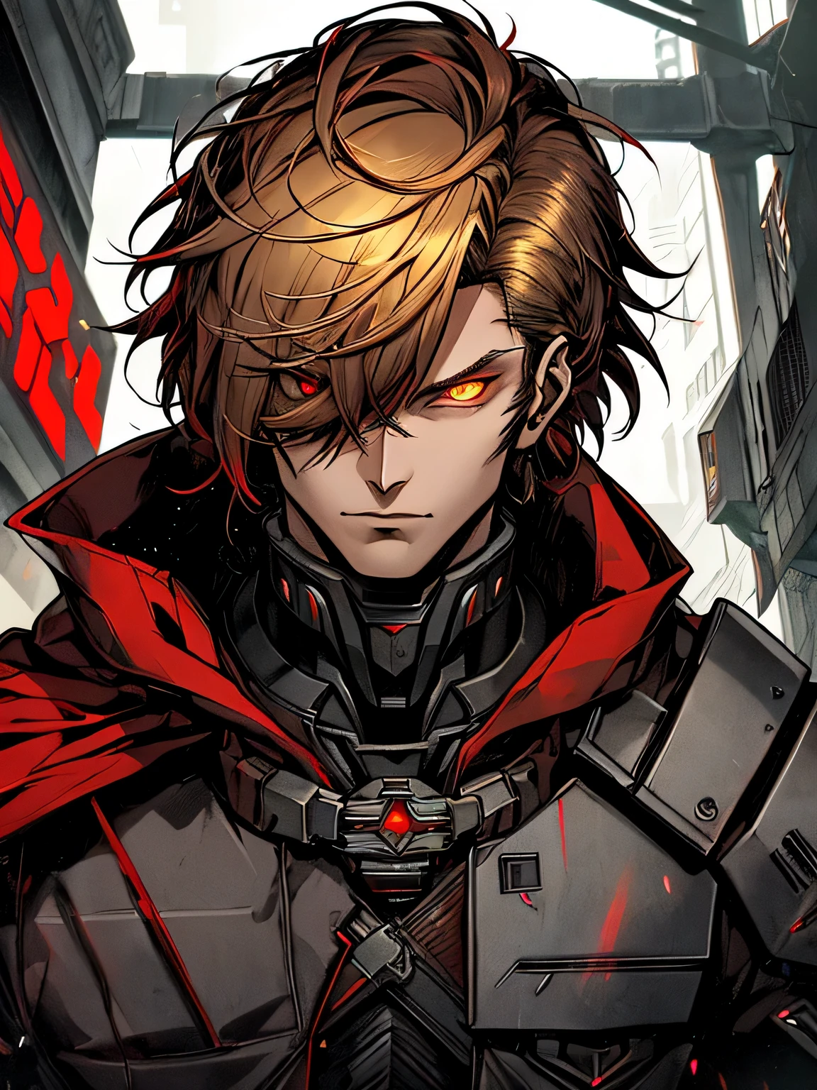 Inquisitor. MALE. Gloomy portrait of Evil Red Hood from DC with intricate angular cybernetic implants inside a brutalist building, gothic brutalist cathedral, cyberpunk, short hair,  golden hair, yellow eyes, ((SITH EYE'S)) award-winning photo, bokeh, neon lights, cybernetic limb. dark.